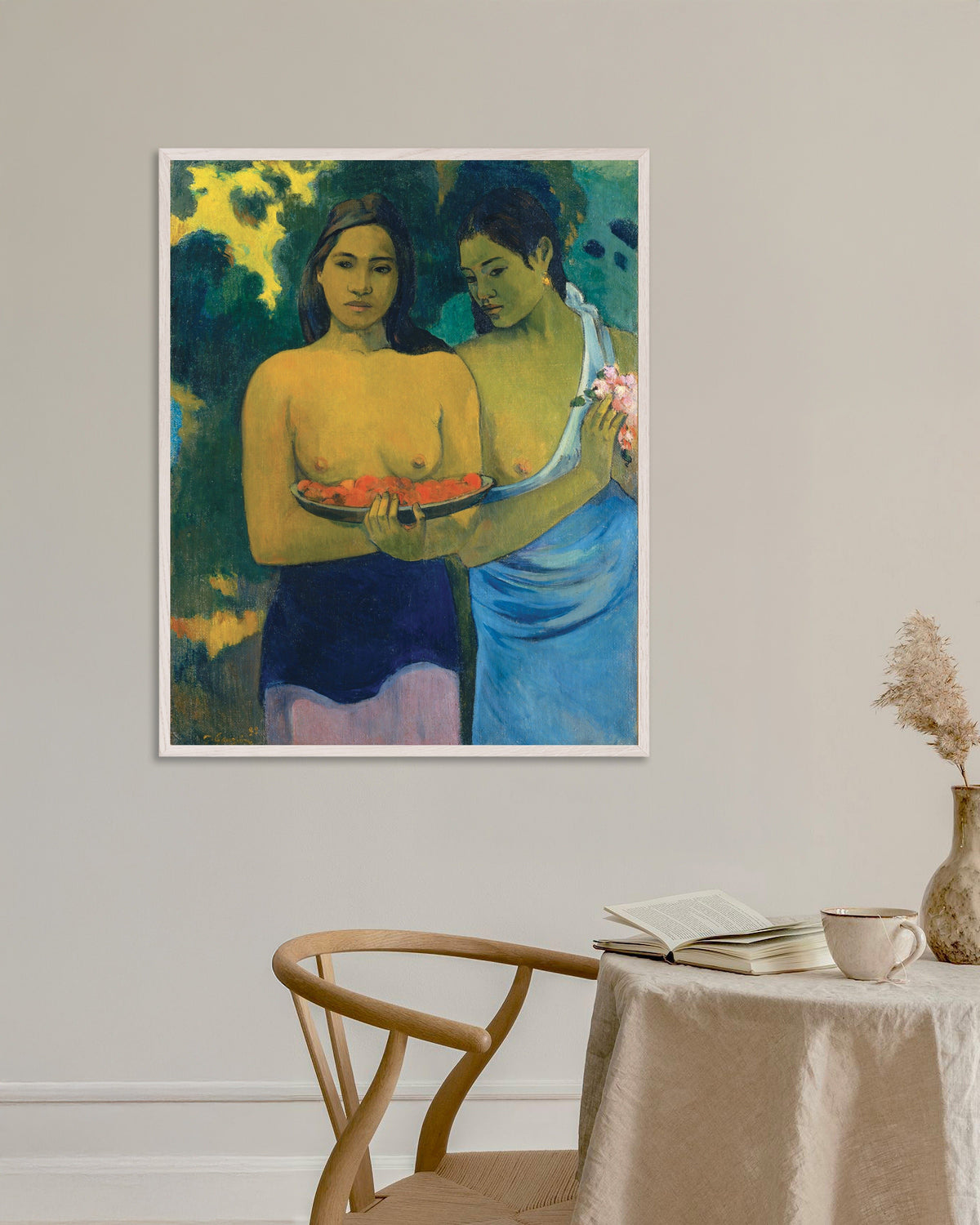 Poster med Paul Gauguin, Två tahitiska kvinnor, med vit träram