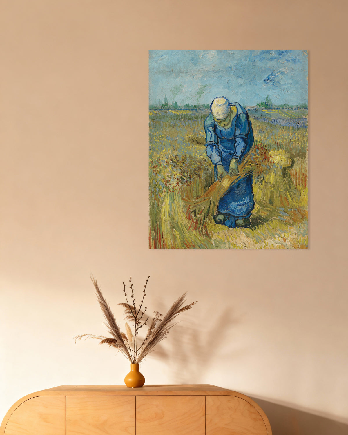 Poster med Bondkvinna som binder kärvar, efter Millet (1889) av Vincent van Gogh