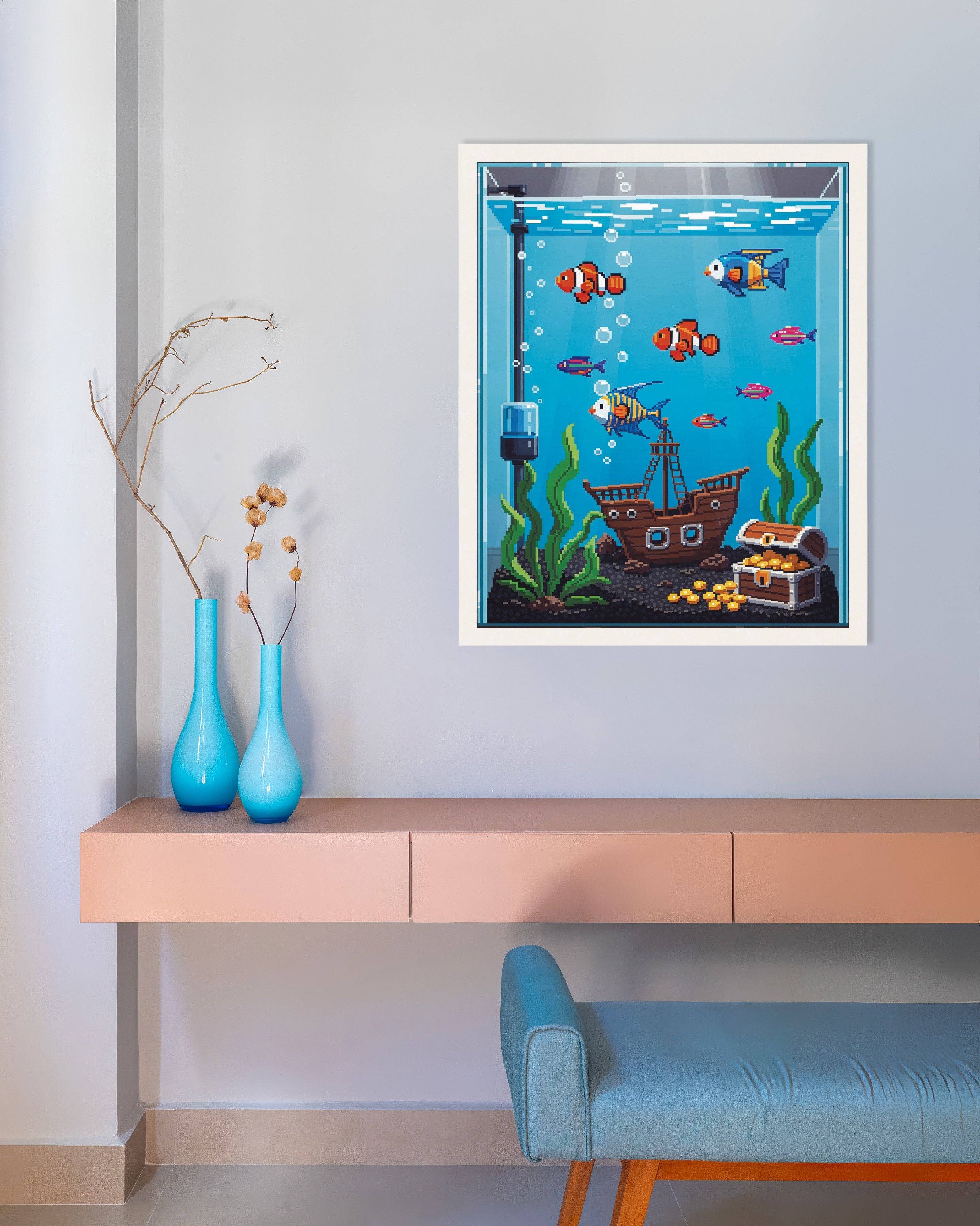 Poster of Pixel Aquarium Poster with Clownfish & Treasure