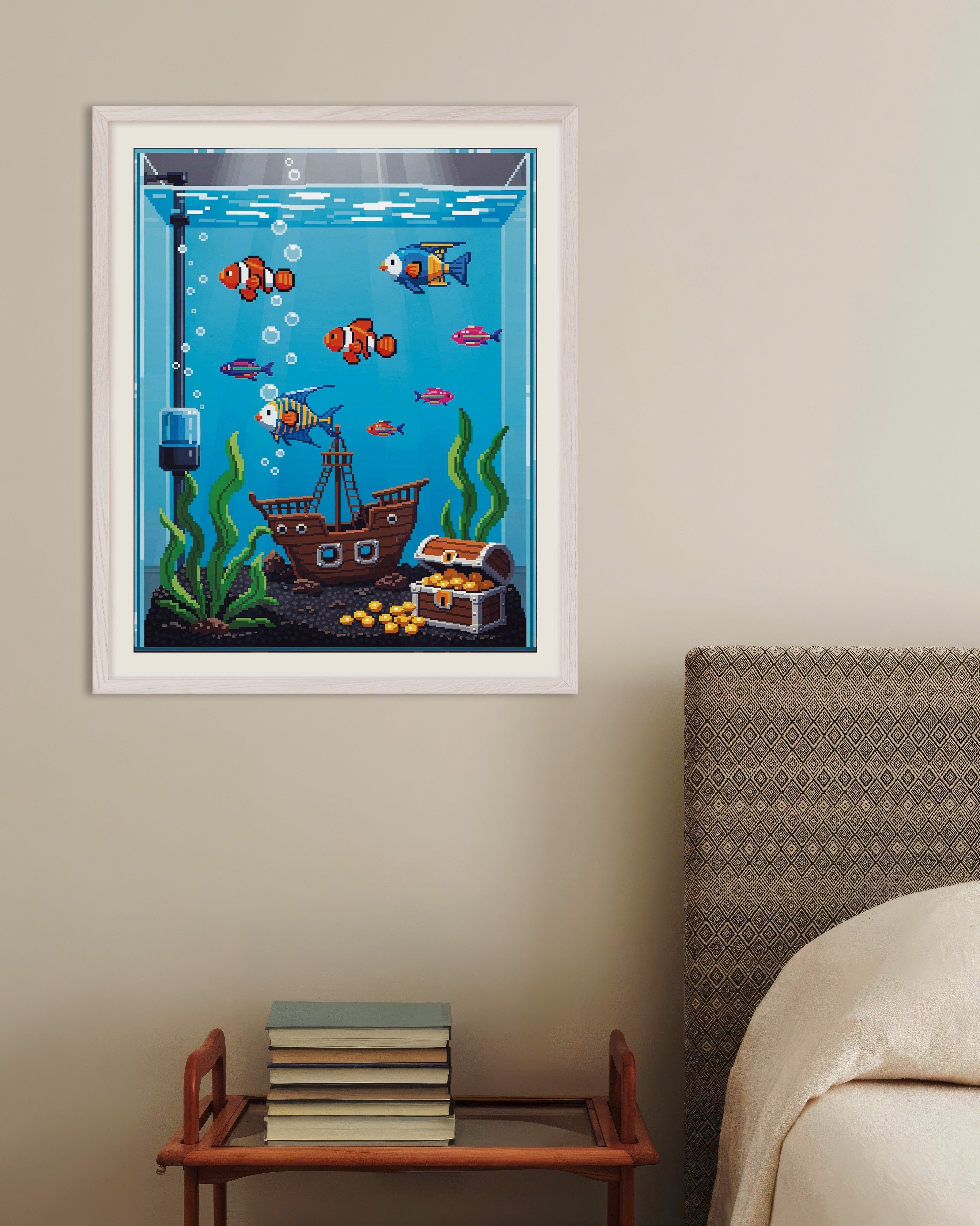 Poster of Pixel Aquarium Poster with Clownfish & Treasure, with white wooden frame