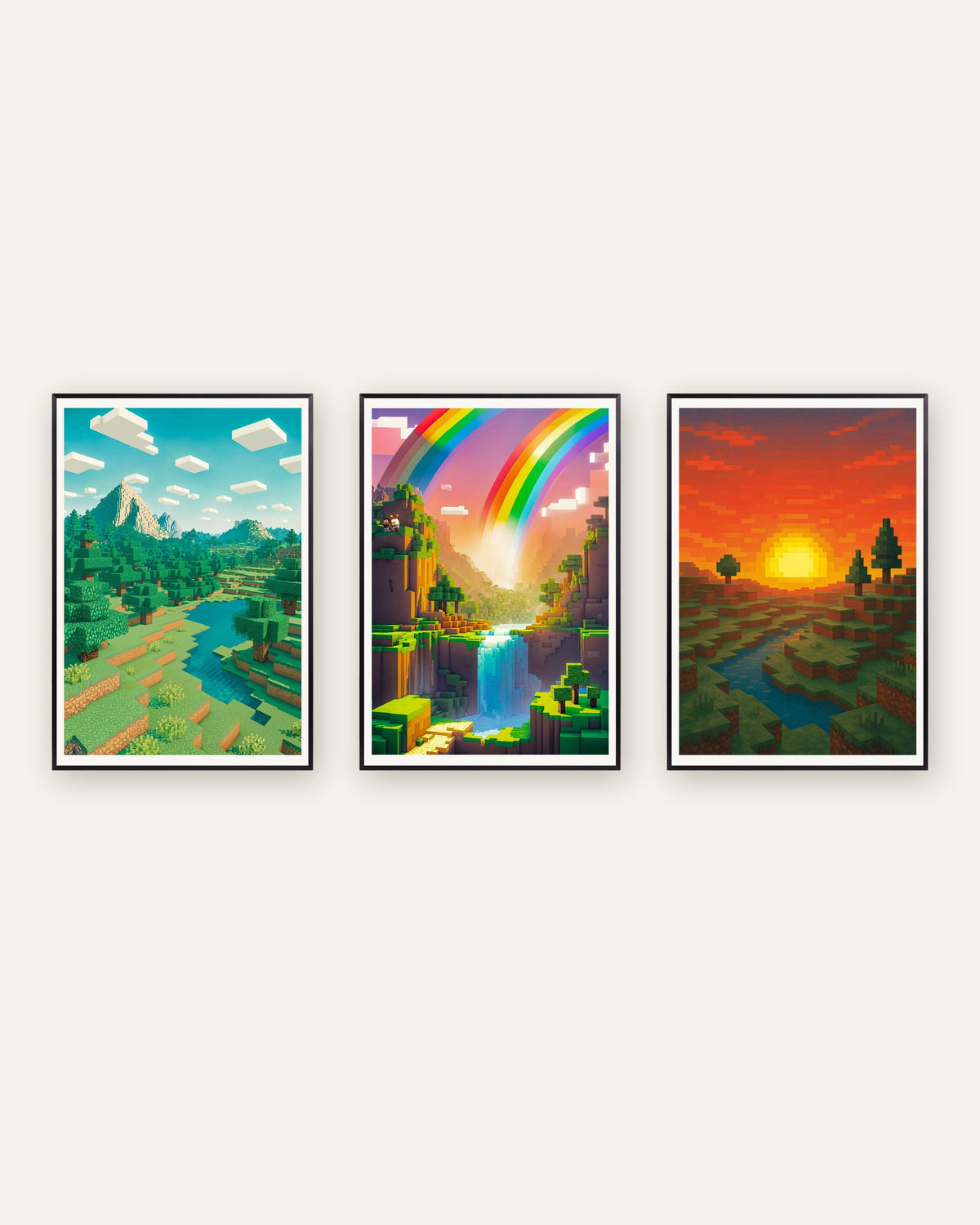 Pixel art-landskapsposters, set med 3: berg, regnbågsdal och solnedgång, i svarta metallramar