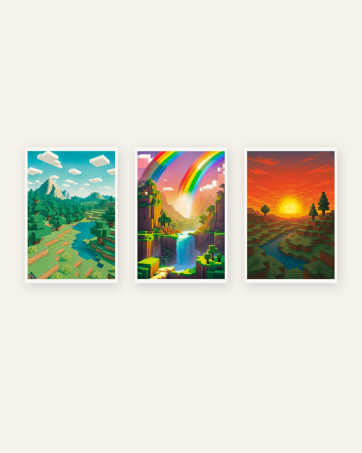 Pixel art-landskapsposters, set med 3: berg, regnbågsdal och solnedgång, utan ram