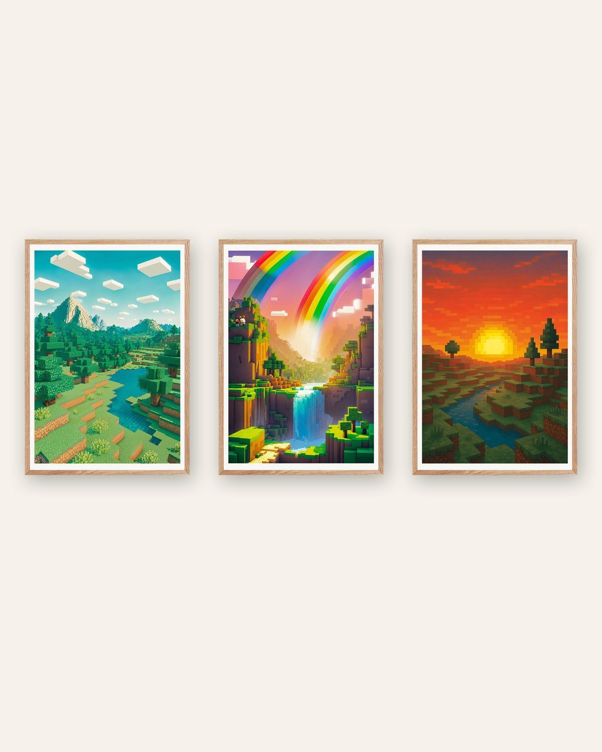 Pixel art-landskapsposters, set med 3: berg, regnbågsdal och solnedgång, i ramar av naturek