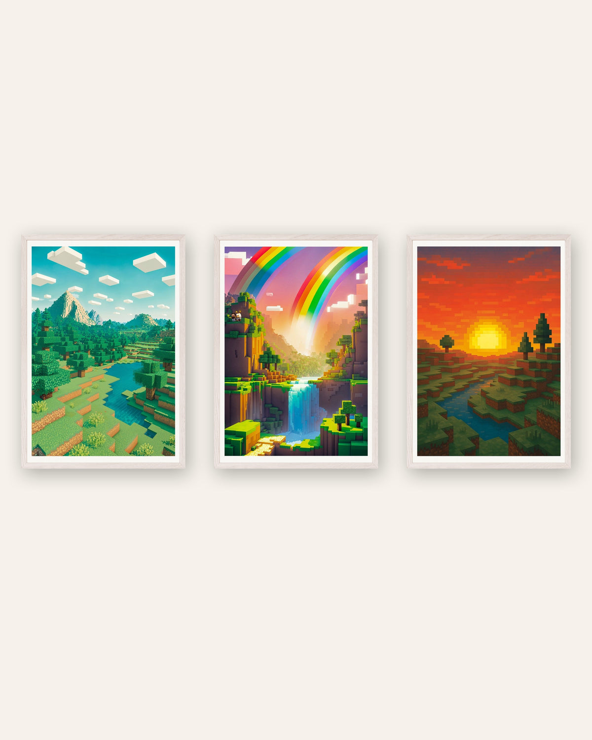 Pixel art-landskapsposters, set med 3: berg, regnbågsdal och solnedgång, i vita ekramar