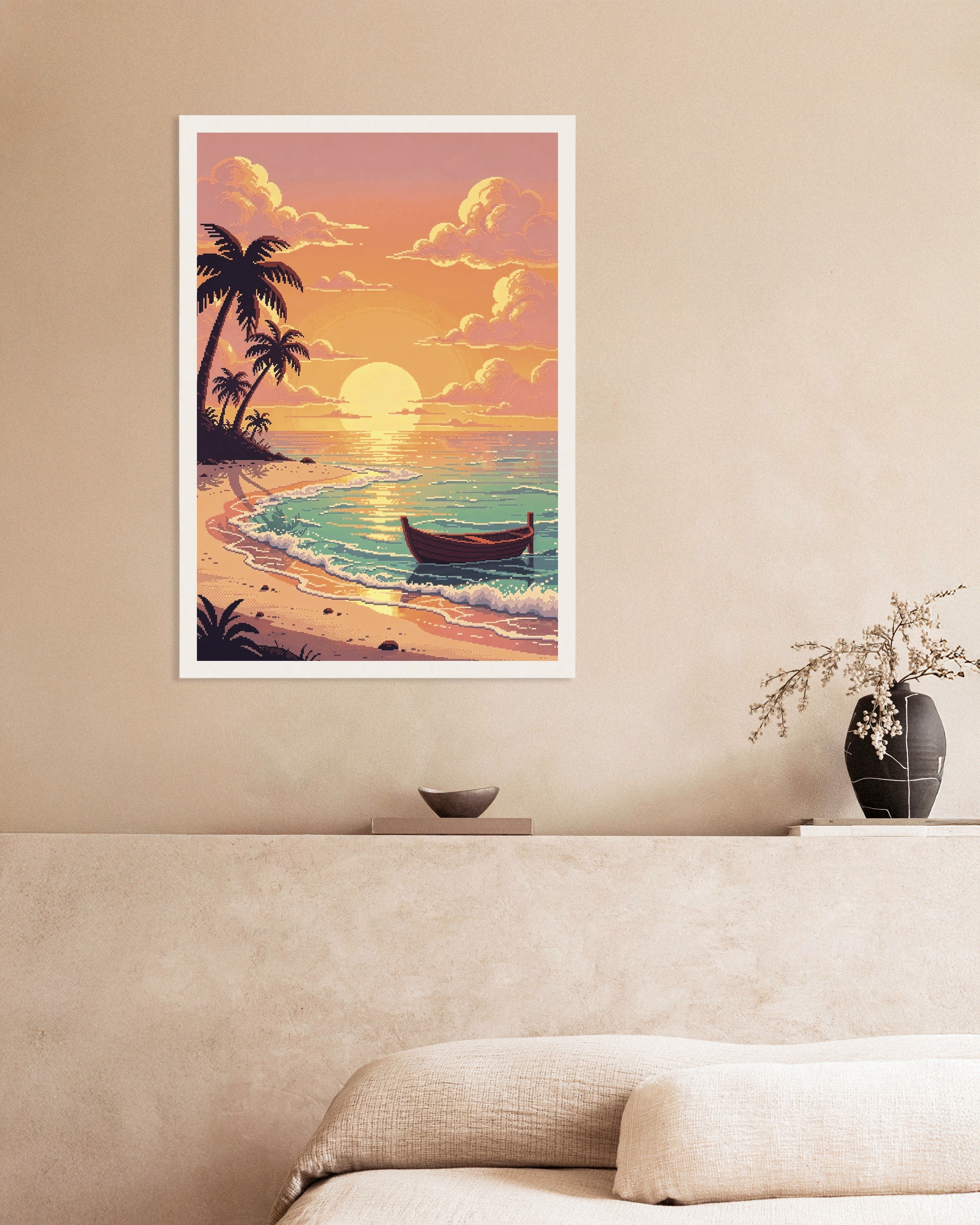 Poster of Pixel Beach Sunset Boat Poster