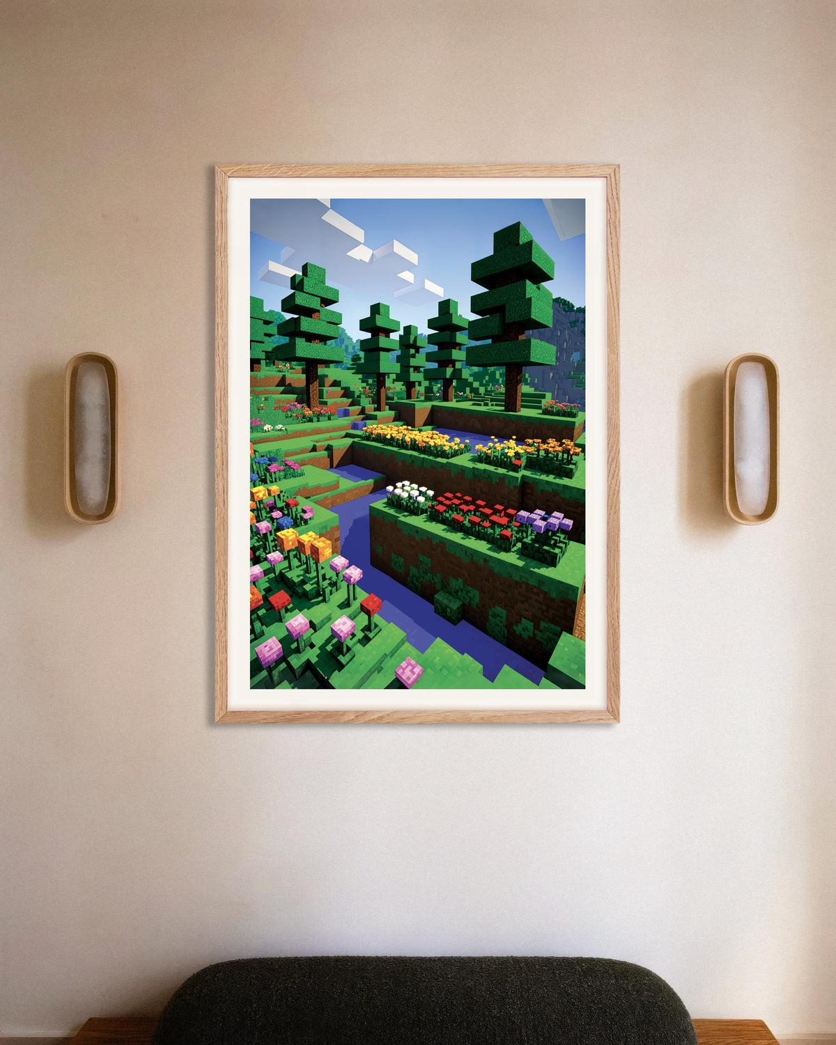 Poster of Pixel Flowers – Botanical Poster, with natural wooden frame