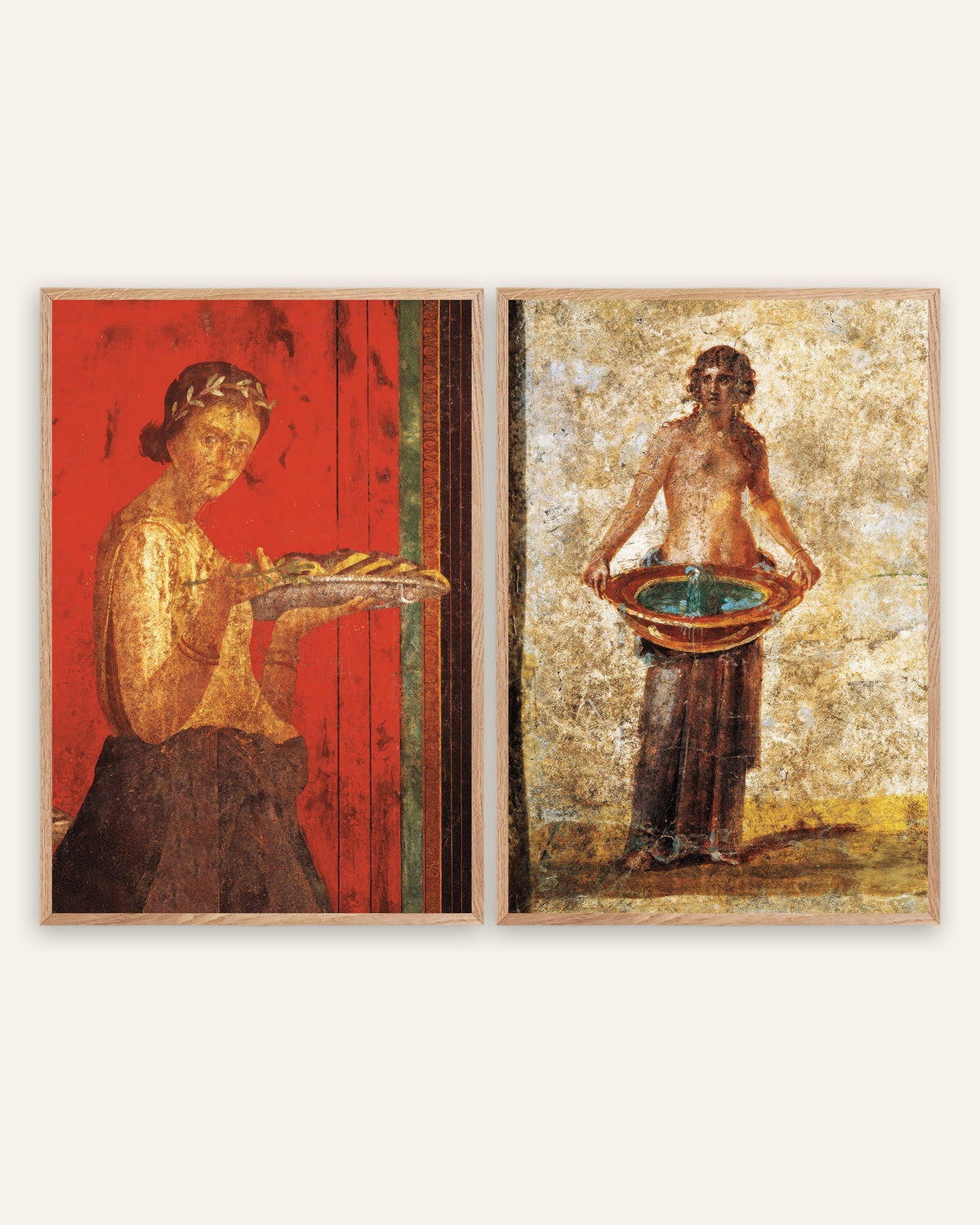 Freskoposters från Pompeji, set med 2: lagerkrans och vattenfat, i ramar av naturek