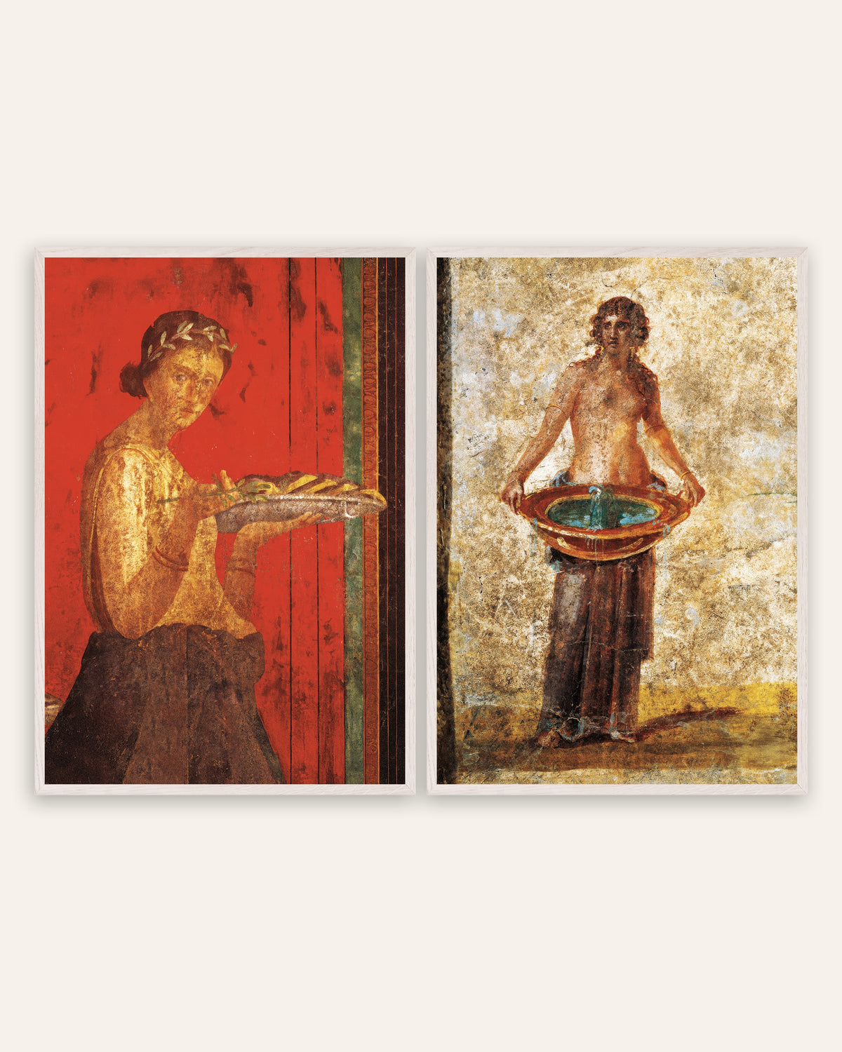 Freskoposters från Pompeji, set med 2: lagerkrans och vattenfat, i vita ekramar