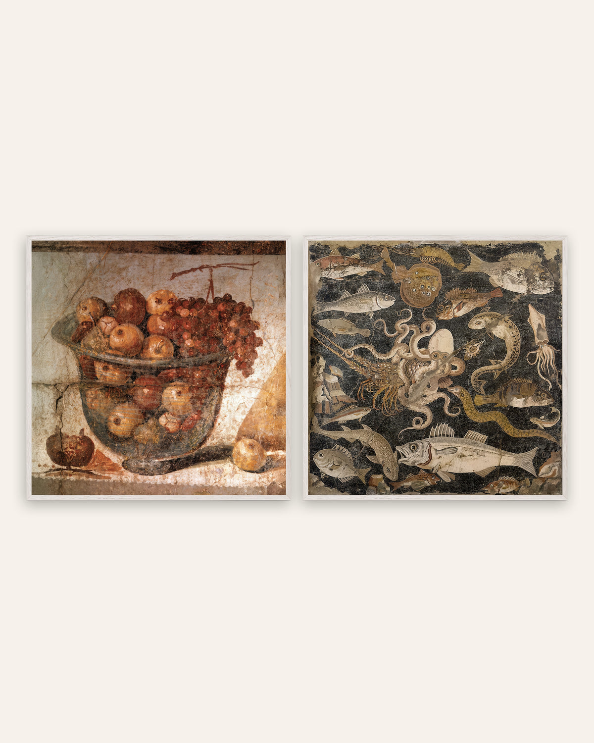Köksposters från Pompeji, set med 2: fruktskål och fiskmosaik, i vita ekramar