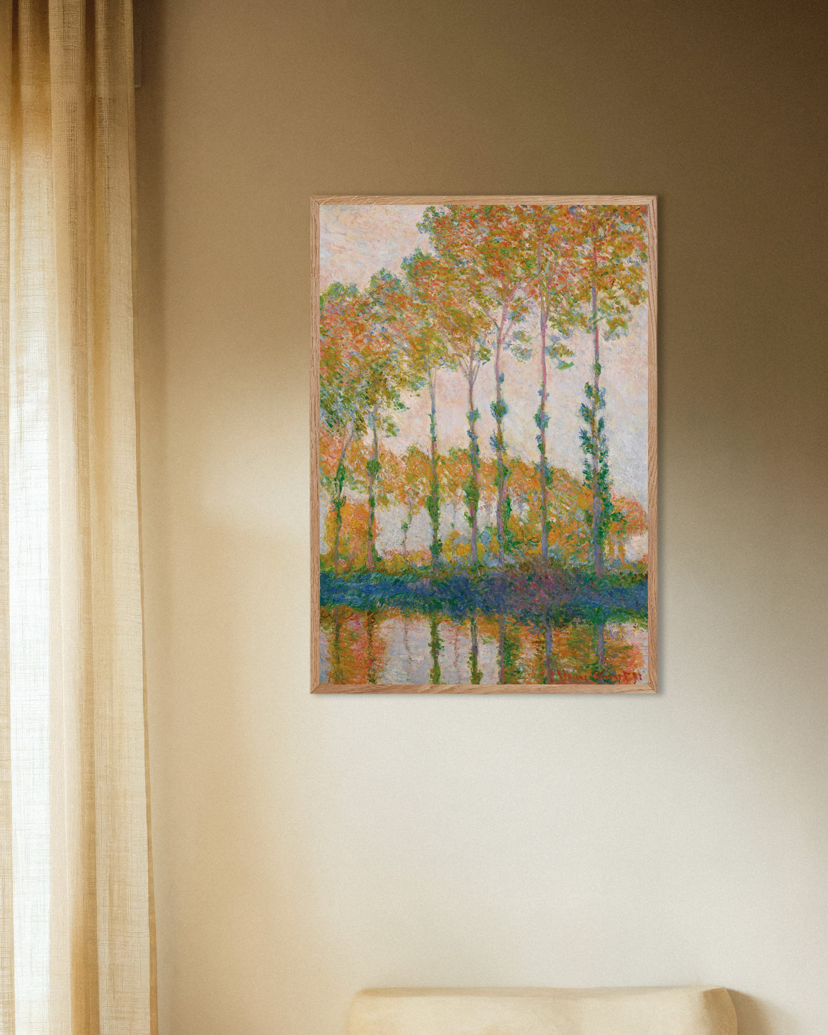 Poster Popplar vid Eptes strand, höst (1891) av Claude Monet med ram i naturträ
