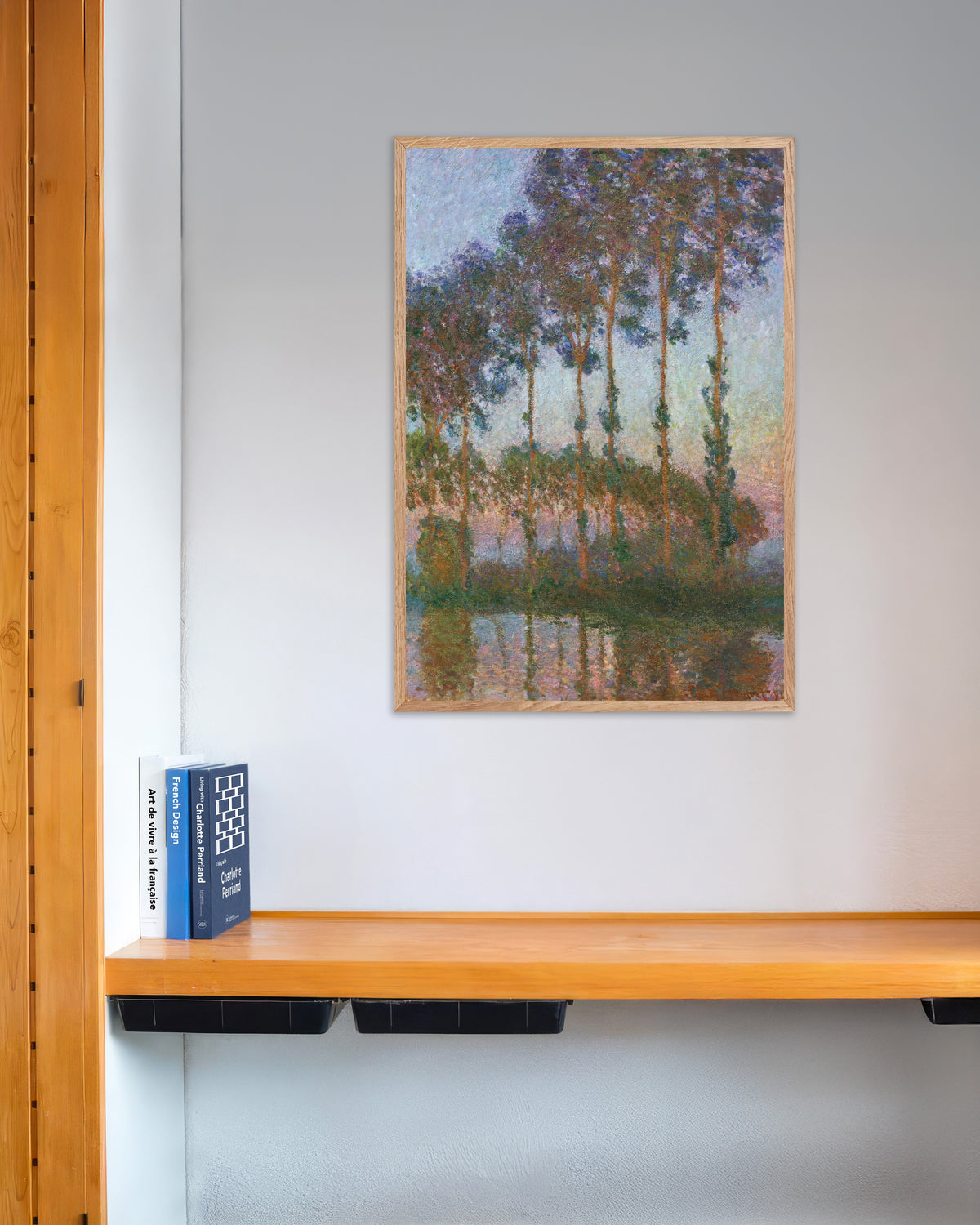 Poster Popplar vid Eptes strand, skymning (1891) av Claude Monet med ram i naturträ