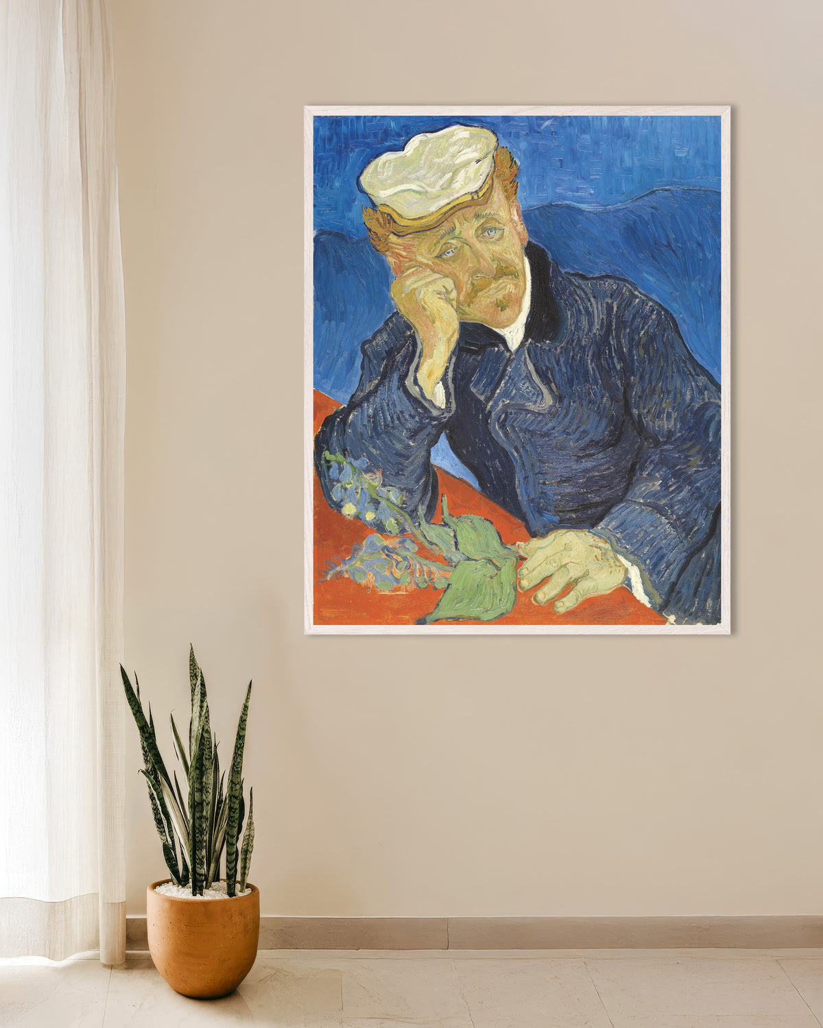 Poster med Porträtt av doktor Paul Gachet (1890) av Vincent van Gogh, med vit träram