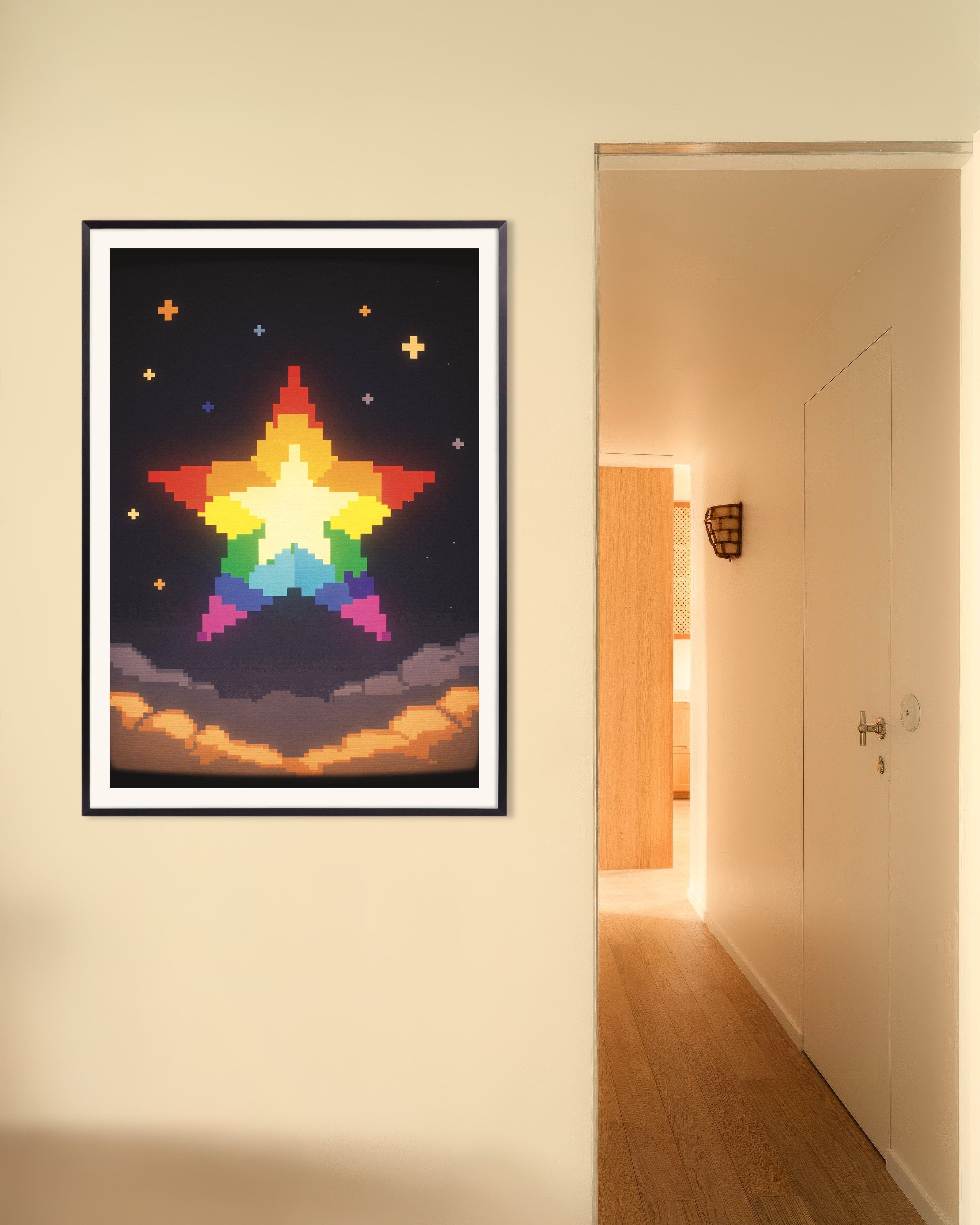 Poster of Rainbow Pixel Star - Lo-Fi Night Sky Poster, with metal frame