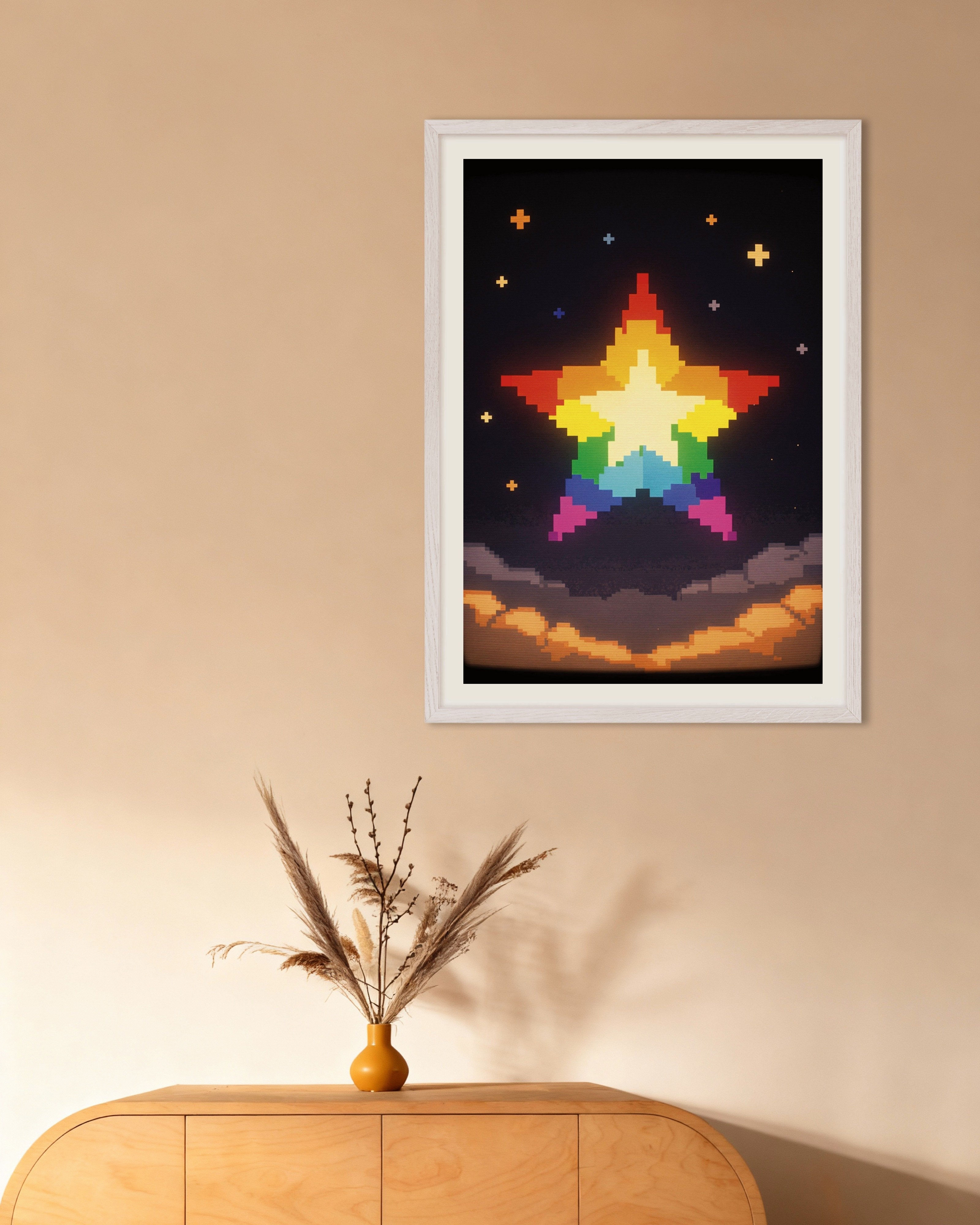 Poster of Rainbow Pixel Star - Lo-Fi Night Sky Poster, with white wooden frame