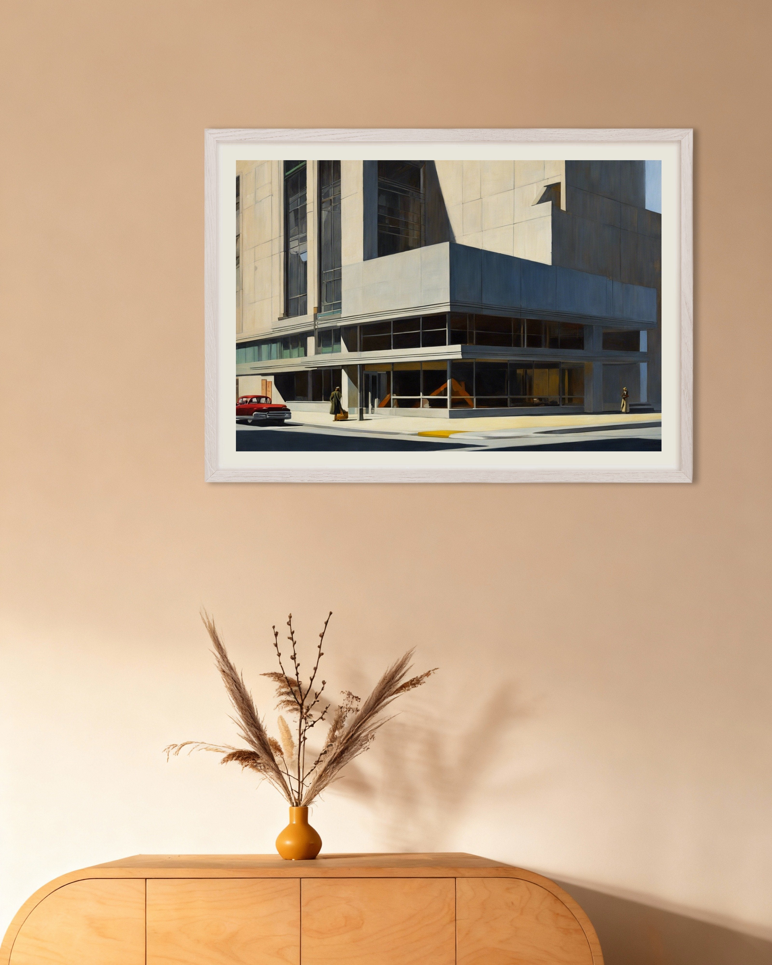 Poster of Realistic American painting of the 20th century, brutalist architecture - Poster, with white wooden frame