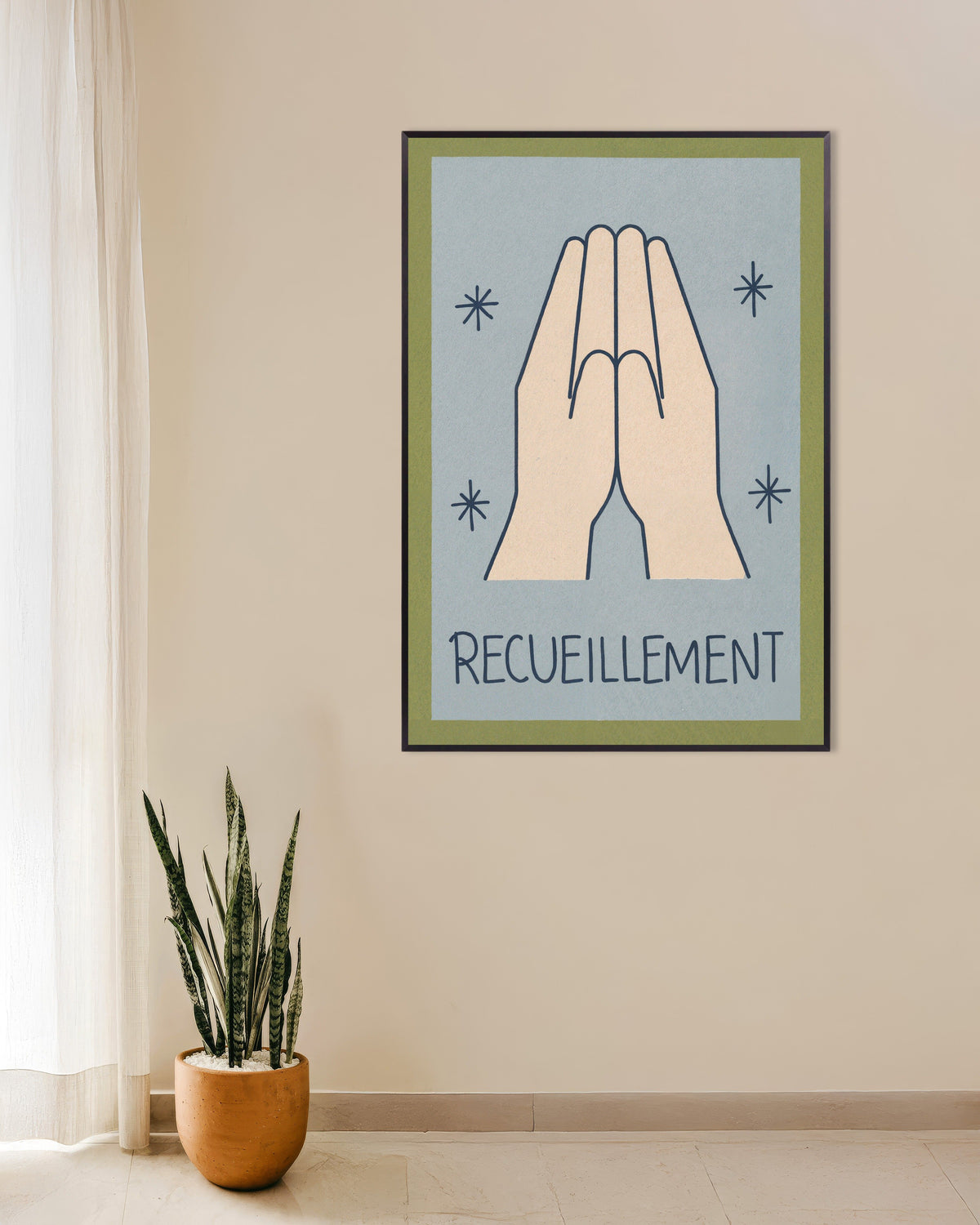 Recueillement – poster med minimalistisk linjekonst, med metallram