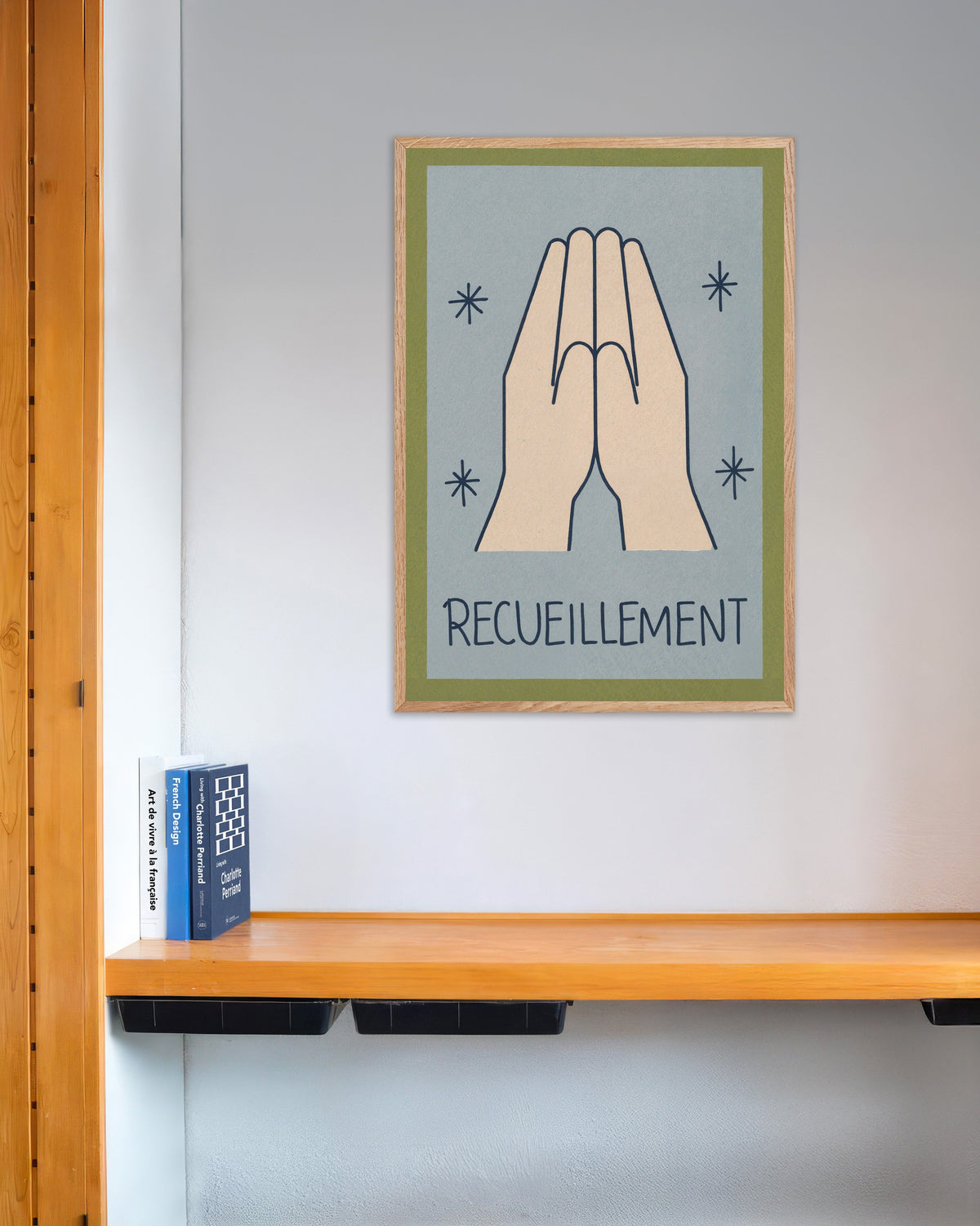 Recueillement – poster med minimalistisk linjekonst, med ram i naturträ