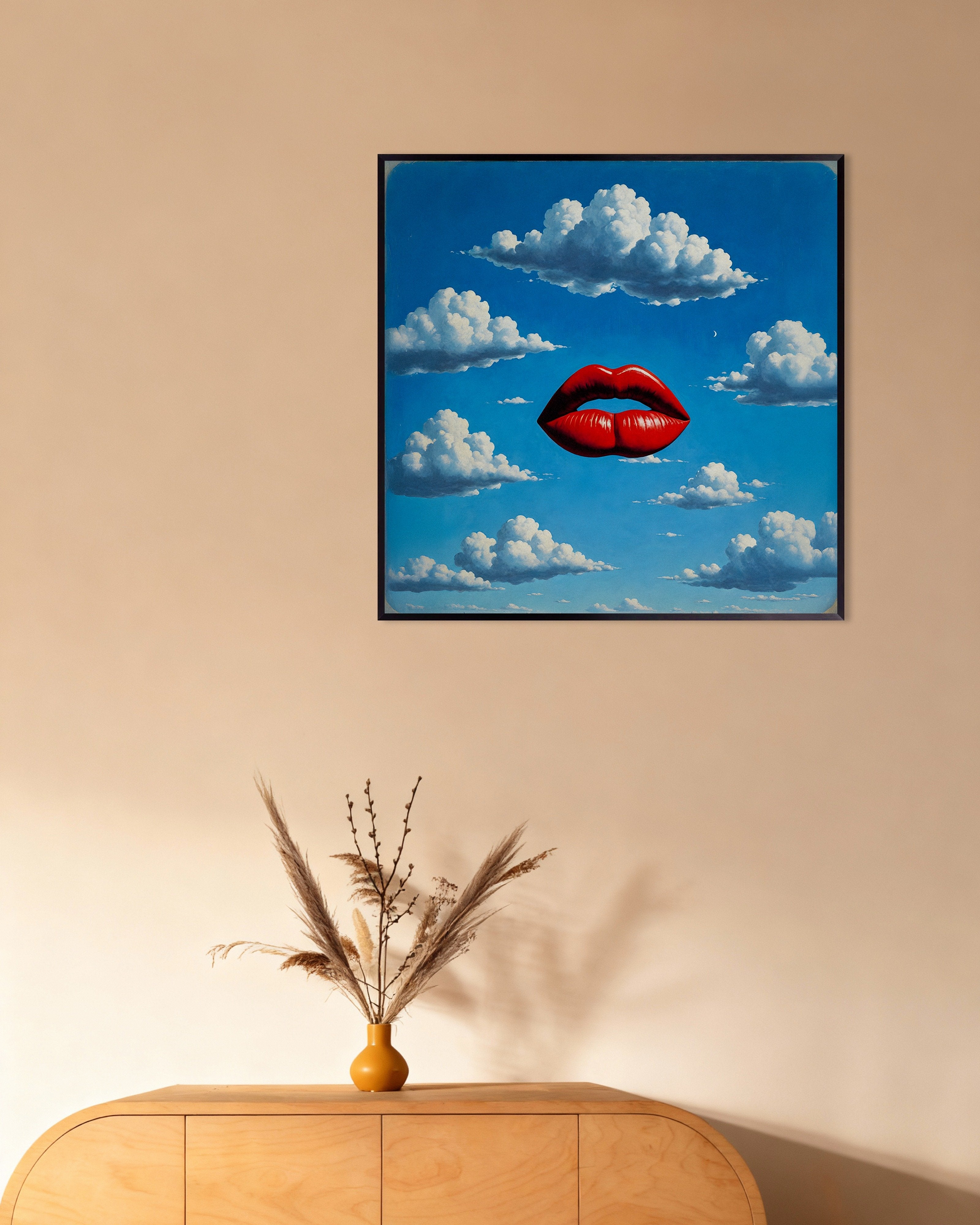 Poster of Red Lips Poster – Dreamlike Surrealism Art, with metal frame