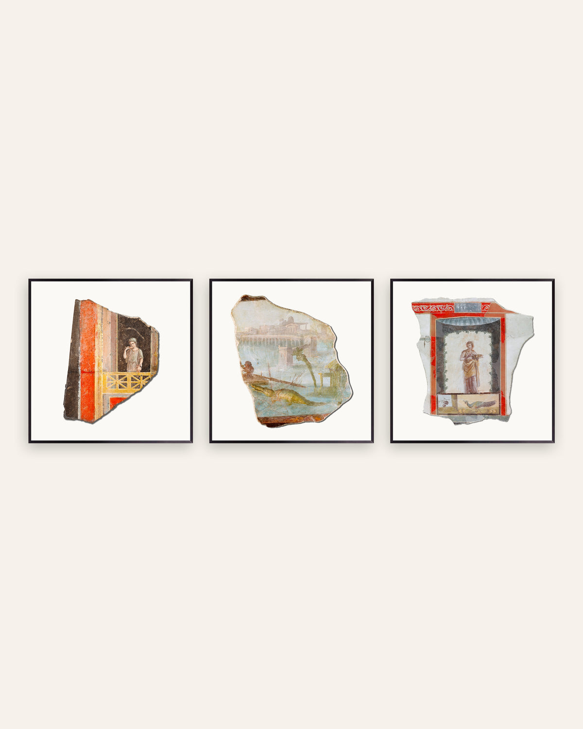 Romerska freskfragment posters, set med 3: balkong, Nilen och påfågel, i svarta metallramar