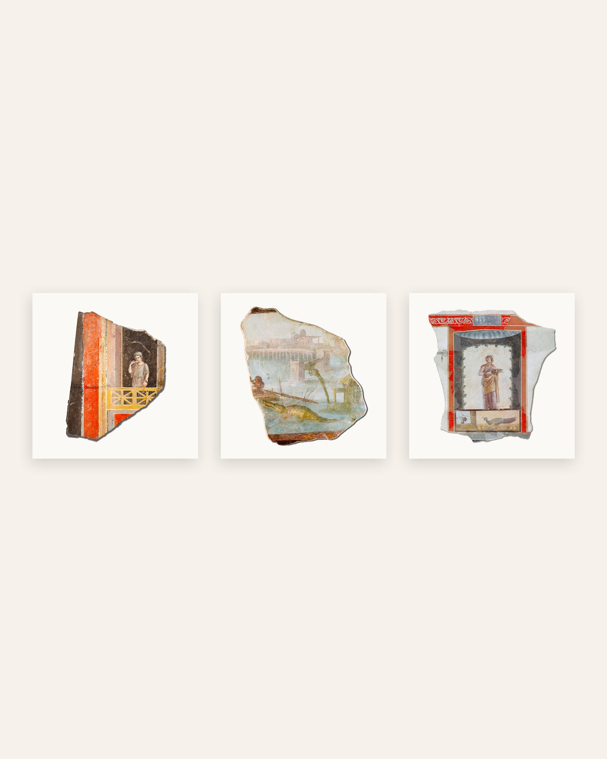 Romerska freskfragment posters, set med 3: balkong, Nilen och påfågel, utan ram
