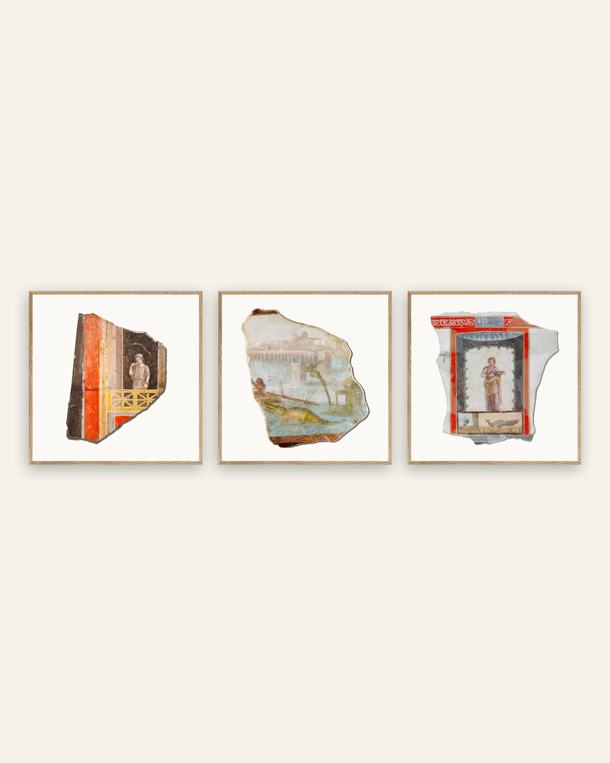 Romerska freskfragment posters, set med 3: balkong, Nilen och påfågel, i ramar av naturek