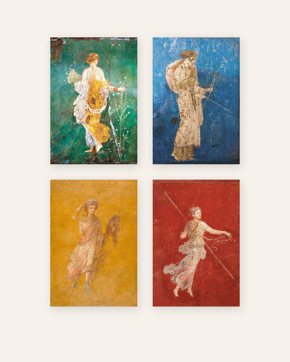 Set med 4 posters med romerska fresker, Flora, Artemis, Melpomene och Menad, utan ram