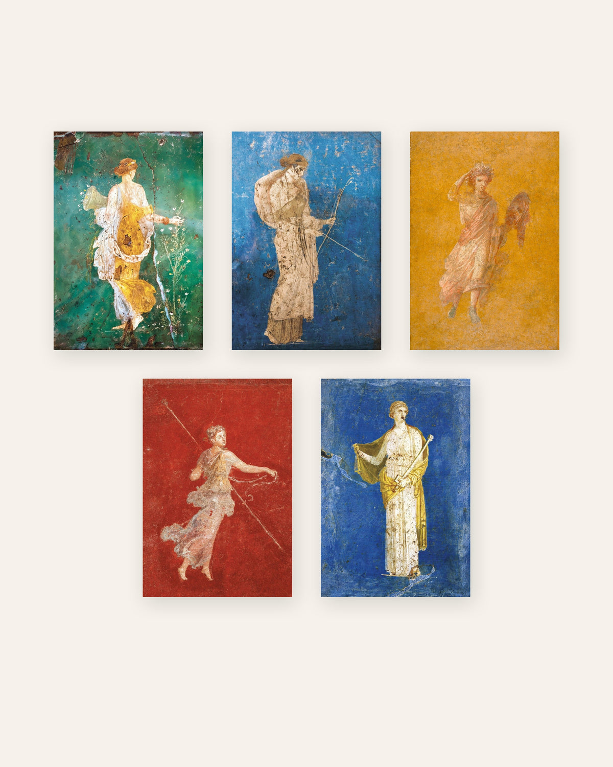Set med 5 posters med romerska fresker, Flora, Artemis, Melpomene, Menad och Medea, utan ram