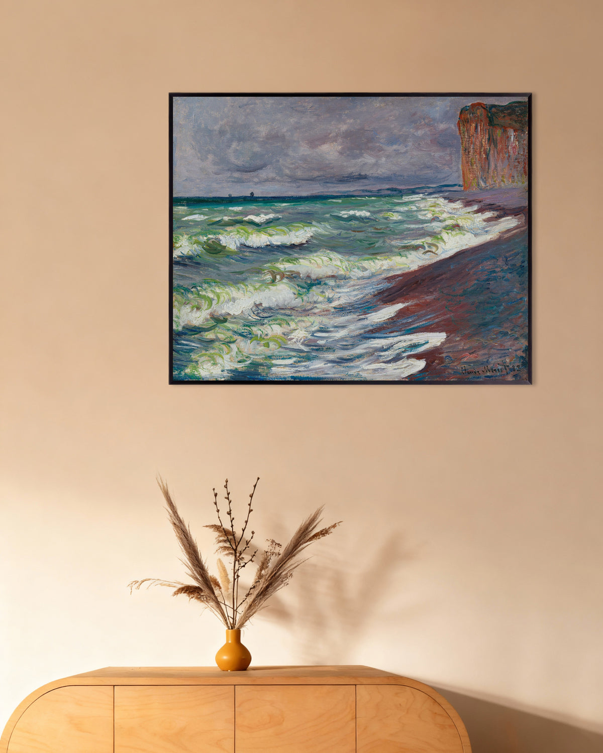 Poster Upprört hav vid Pourville (1882) av Claude Monet med metallram