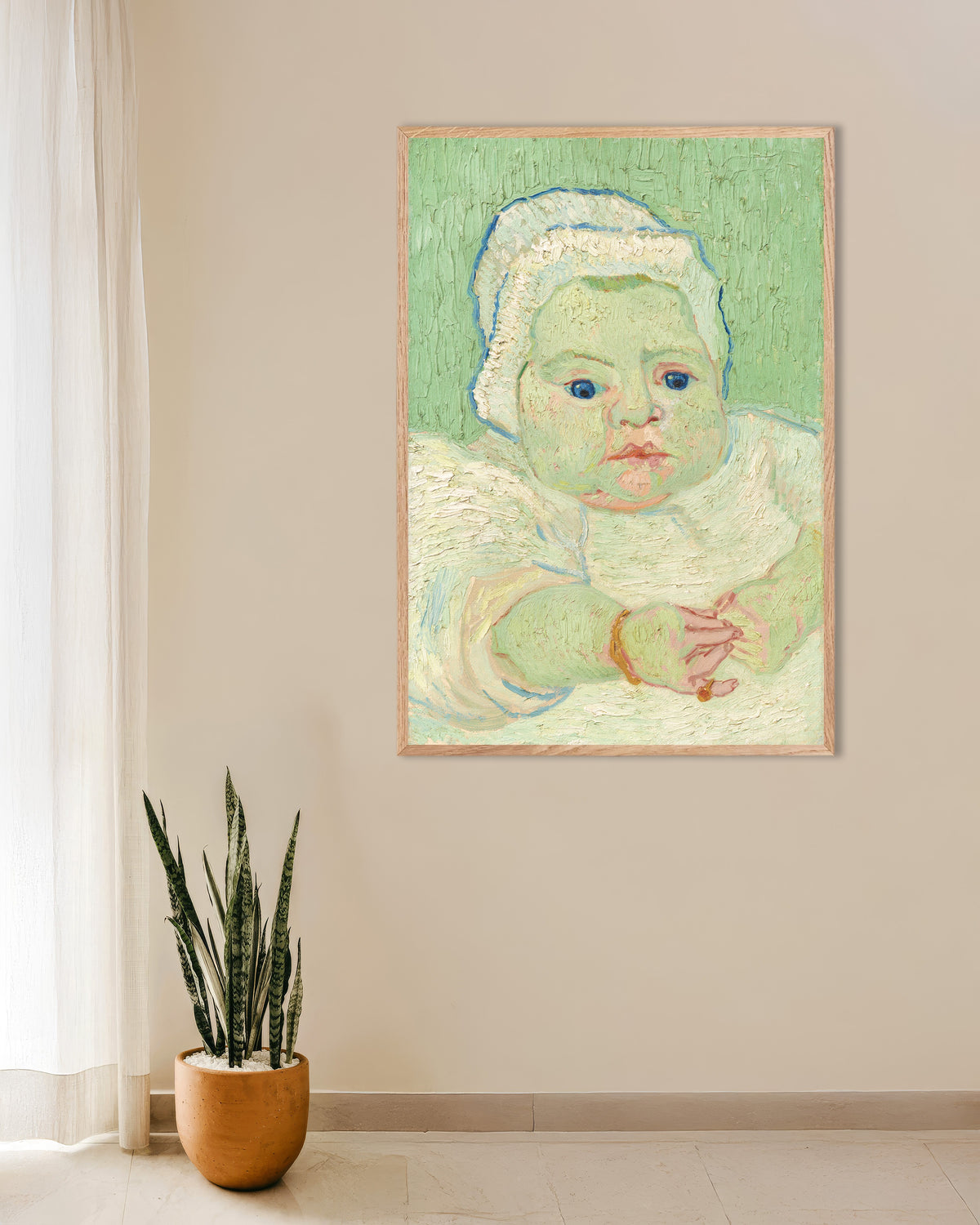 Poster med Roulins baby (1888) av Vincent van Gogh, med ram i naturträ