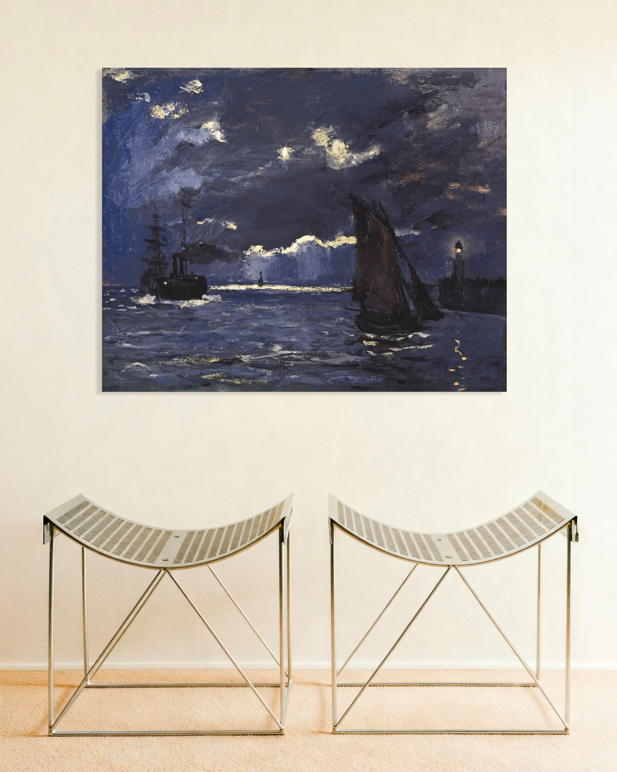 Poster Marin, fartyg i månsken (1864) av Claude Monet