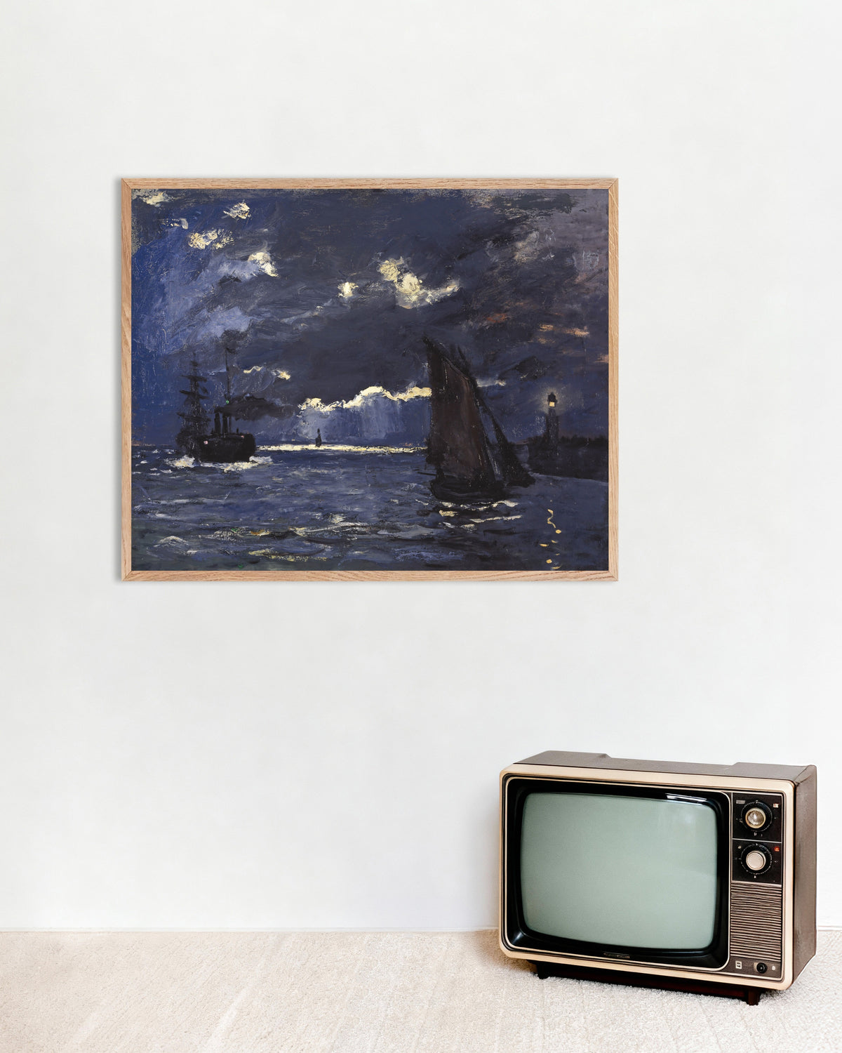 Poster Marin, fartyg i månsken (1864) av Claude Monet med ram i naturträ