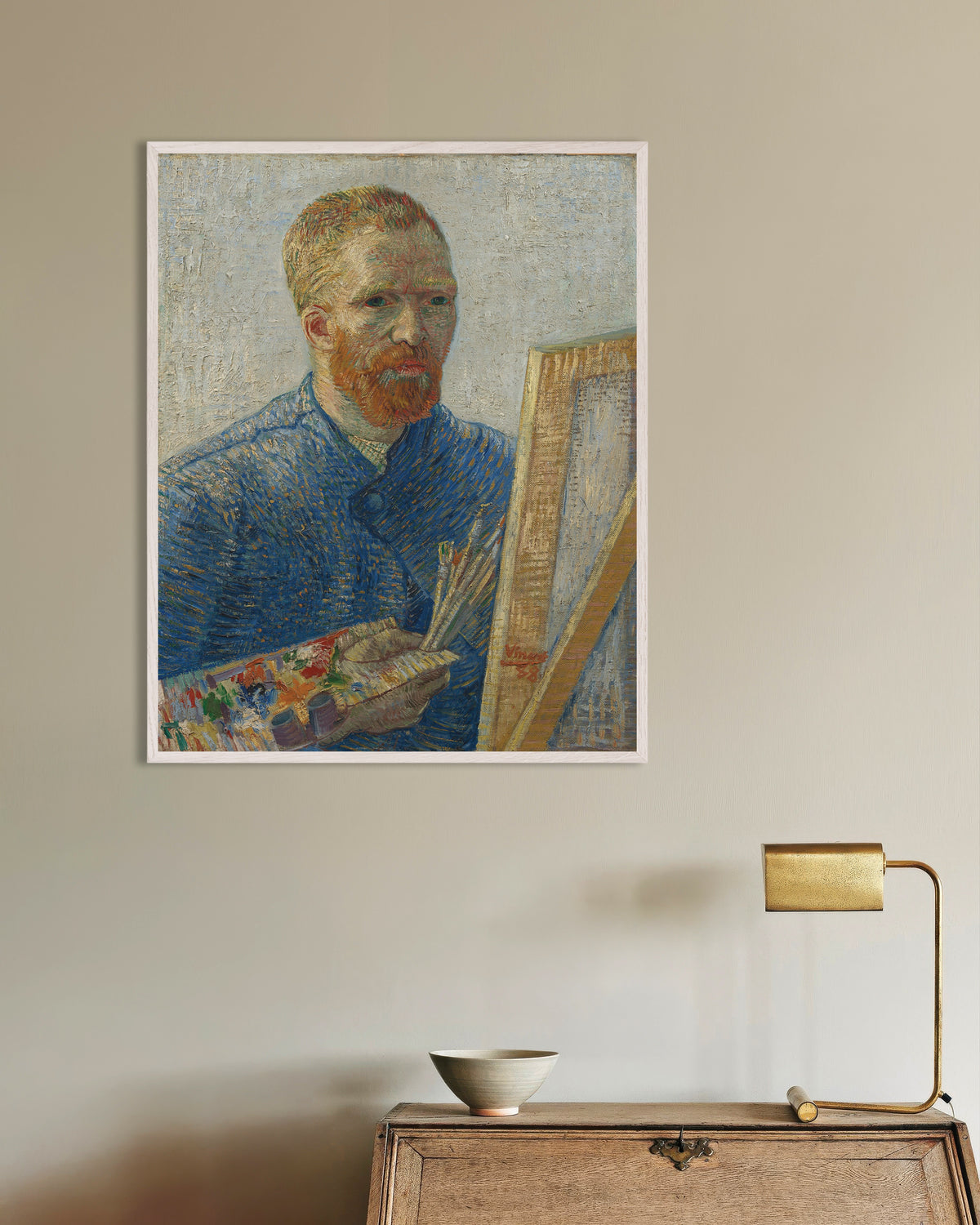 Poster med Självporträtt som målare (1888) av Vincent van Gogh, med vit träram