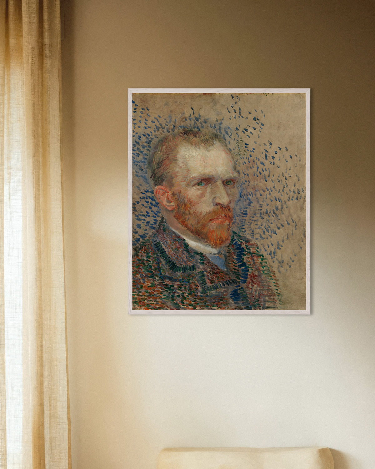 Poster av Självporträtt med blå streck (1887) av Vincent van Gogh, med vit träram