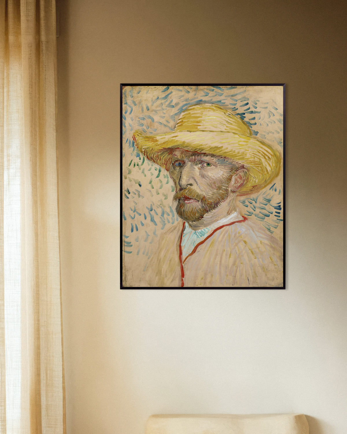 Poster med motivet Självporträtt med stråhatt och konstnärsrock (1887) av Vincent van Gogh, med metallram