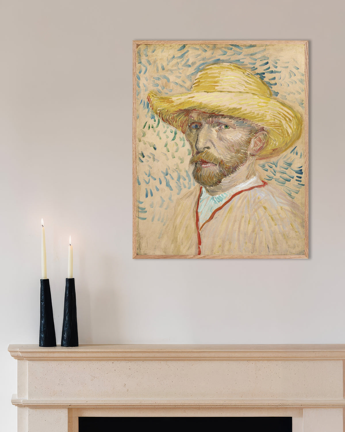 Poster med motivet Självporträtt med stråhatt och konstnärsrock (1887) av Vincent van Gogh, med naturfärgad träram
