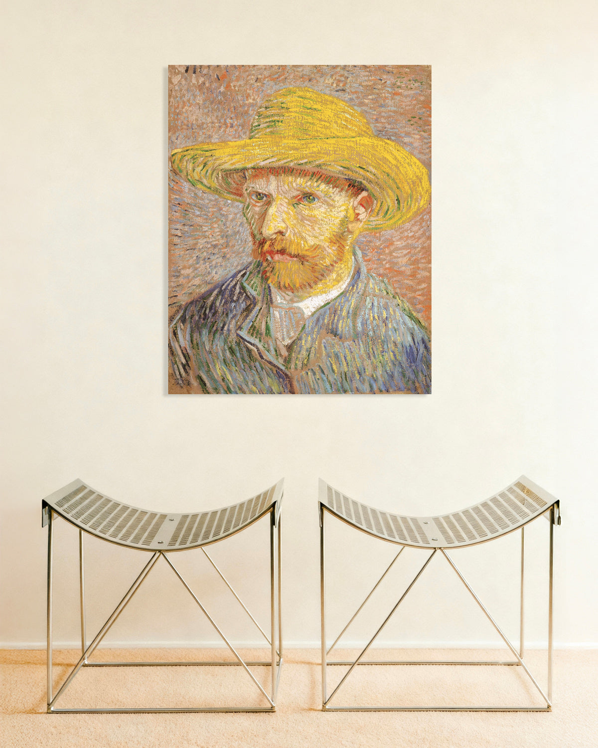 Poster av Självporträtt med stråhatt mot orange bakgrund (1887) av Vincent van Gogh
