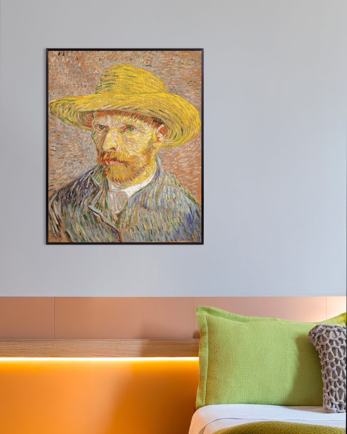 Poster av Självporträtt med stråhatt mot orange bakgrund (1887) av Vincent van Gogh, med metallram