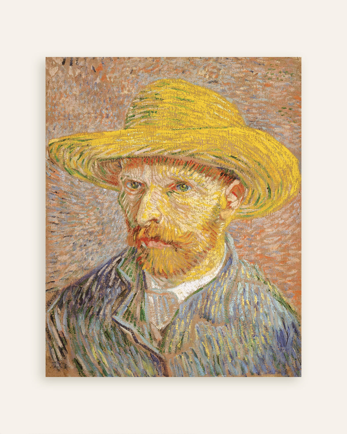 Poster av Självporträtt med stråhatt mot orange bakgrund (1887) av Vincent van Gogh, miniatyrbild