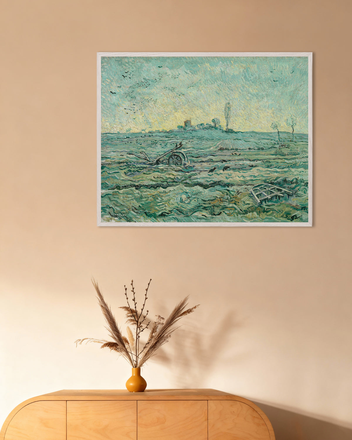 Poster med Snötäckt åker med en harv, efter Millet (1890) av Vincent van Gogh, med vit träram