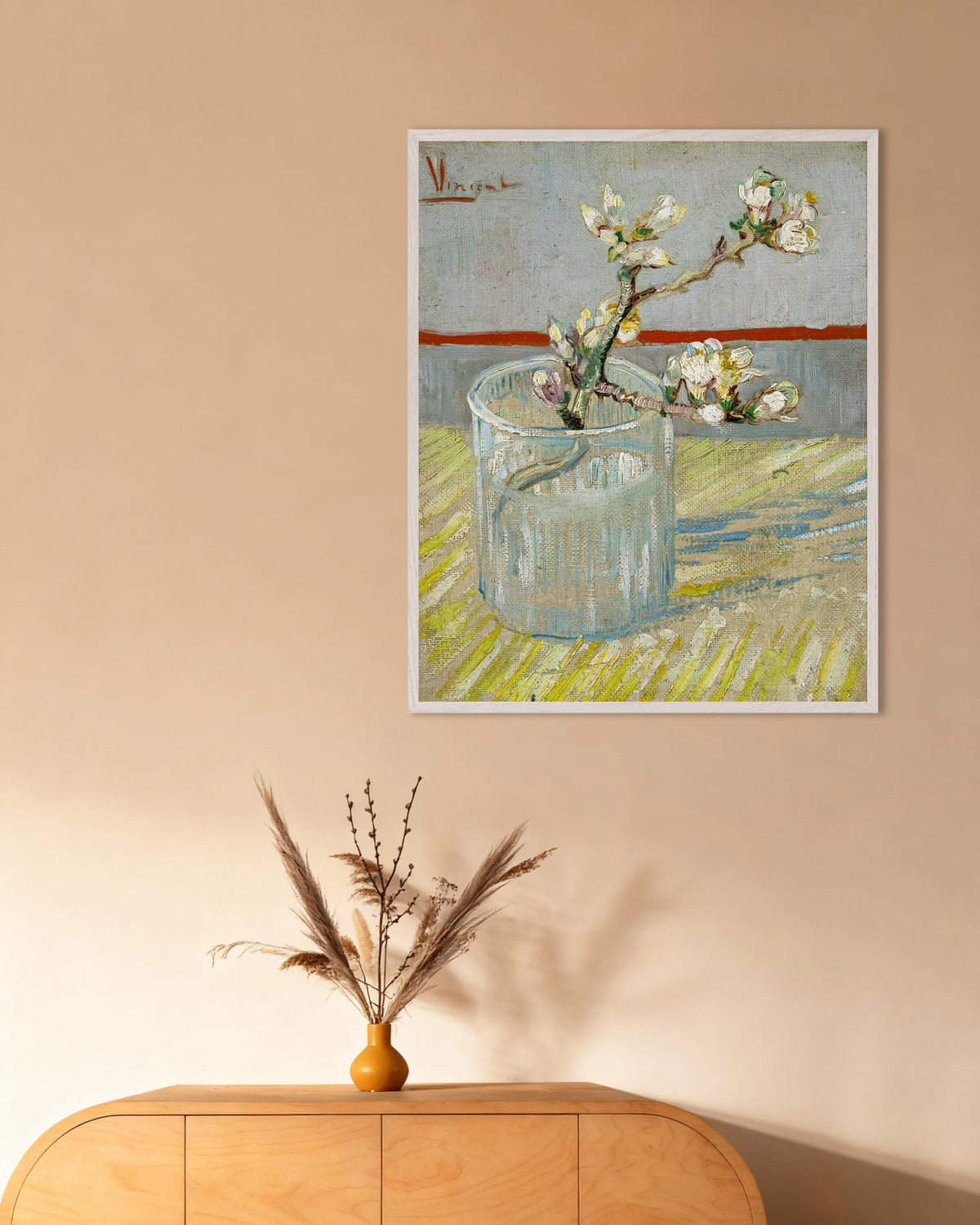 Poster med Blommande mandelkvist i ett glas (1888) av Vincent van Gogh, med vit träram
