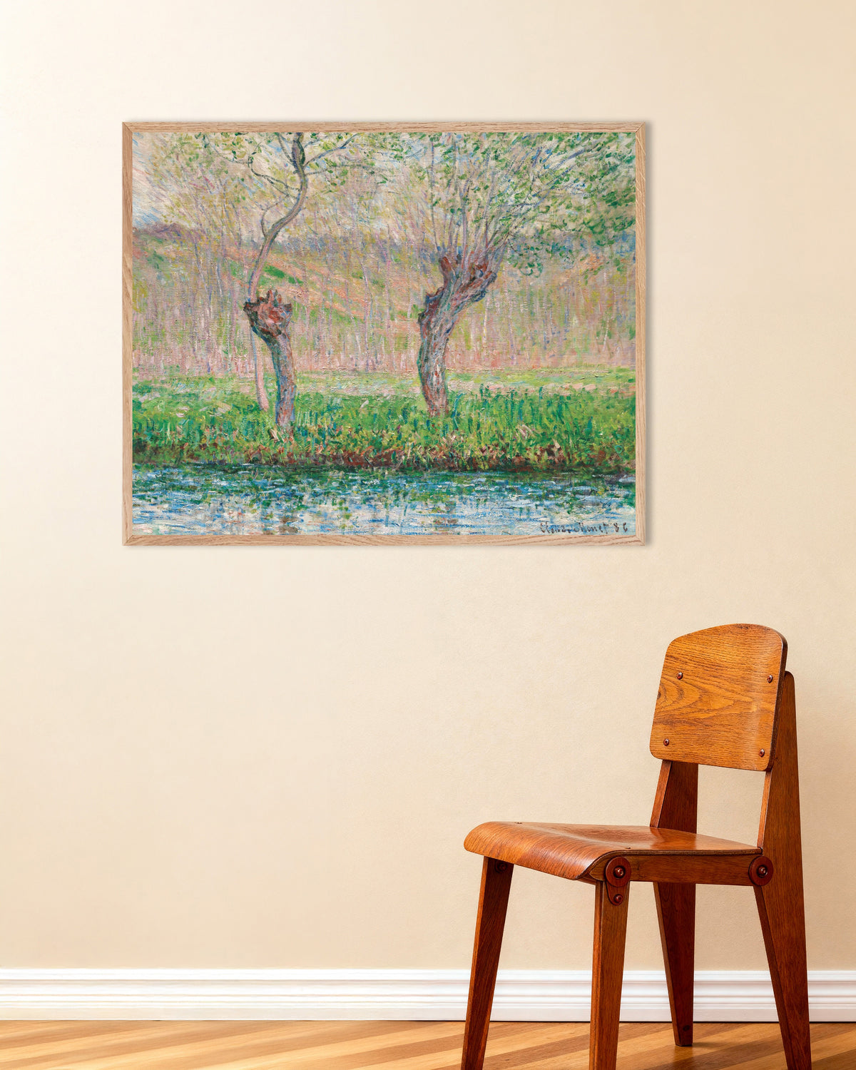 Poster Vår, pilträd (1885) av Claude Monet med ram i naturträ