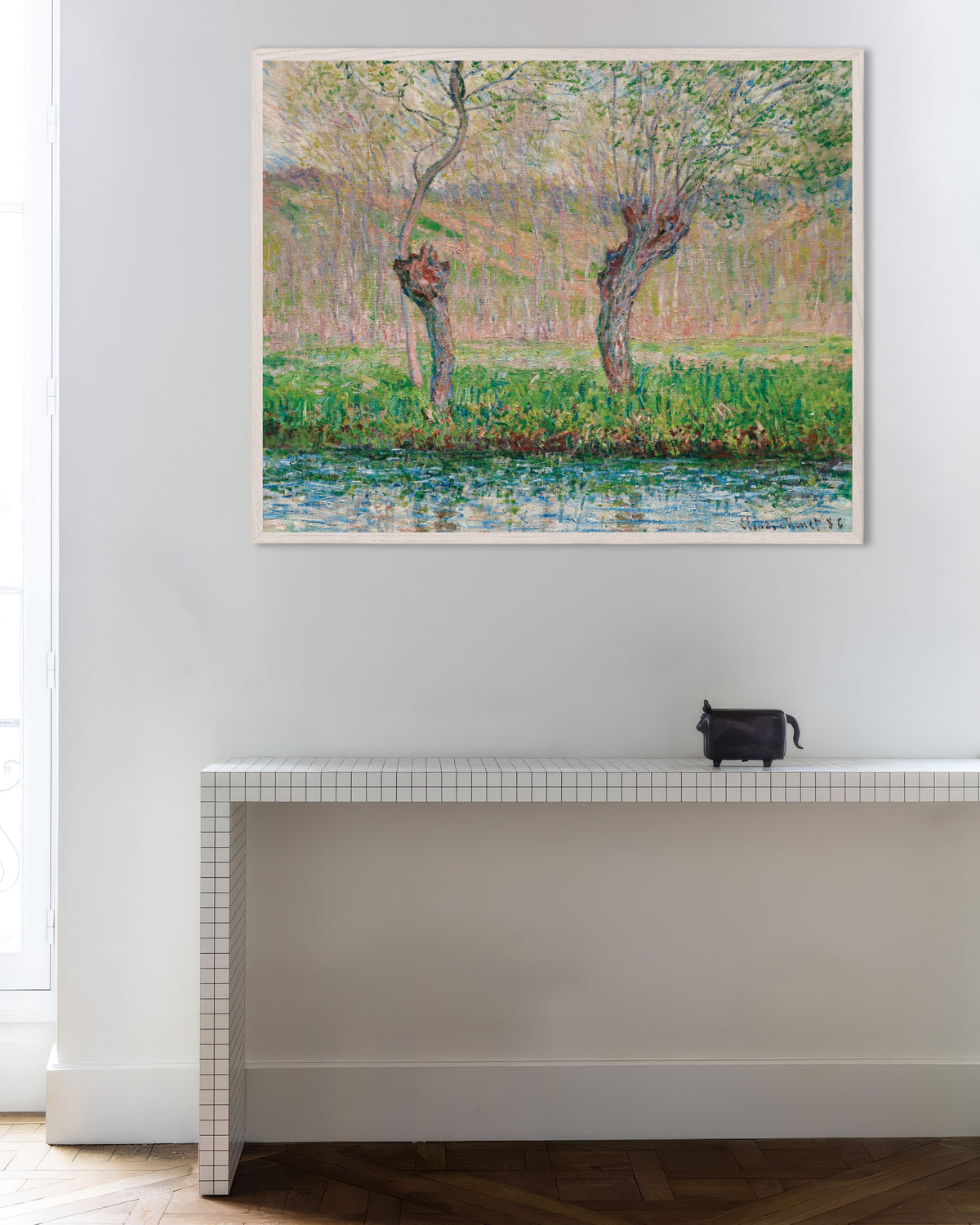 Poster Vår, pilträd (1885) av Claude Monet med vit träram
