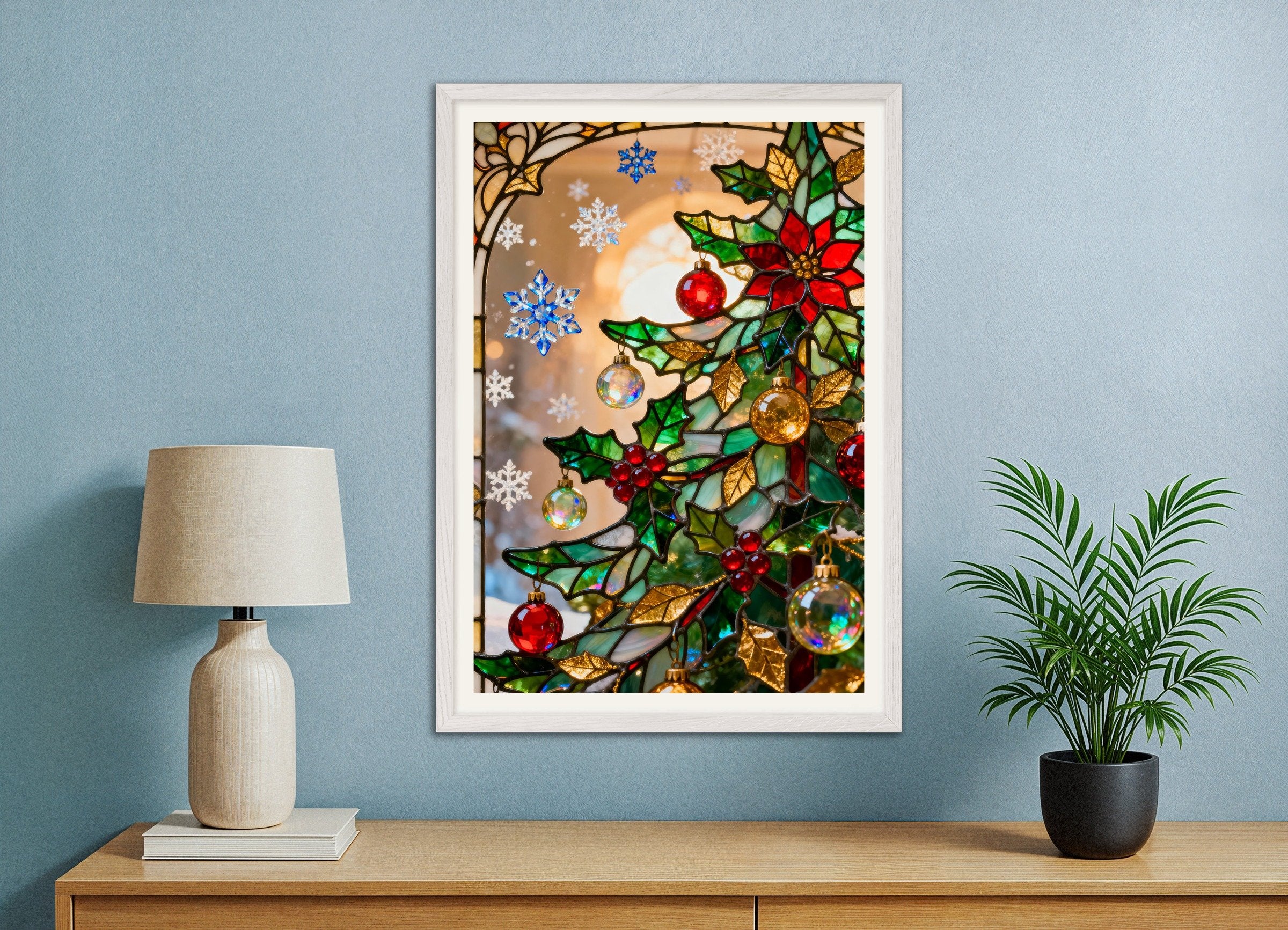 Poster of Stained glass Christmas tree poster, with white wooden frame