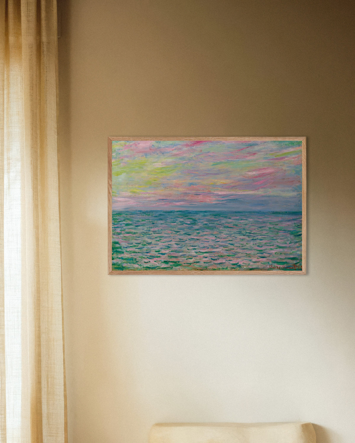 Poster Solnedgång vid Pourville, öppet hav (1882) av Claude Monet med ram i naturträ