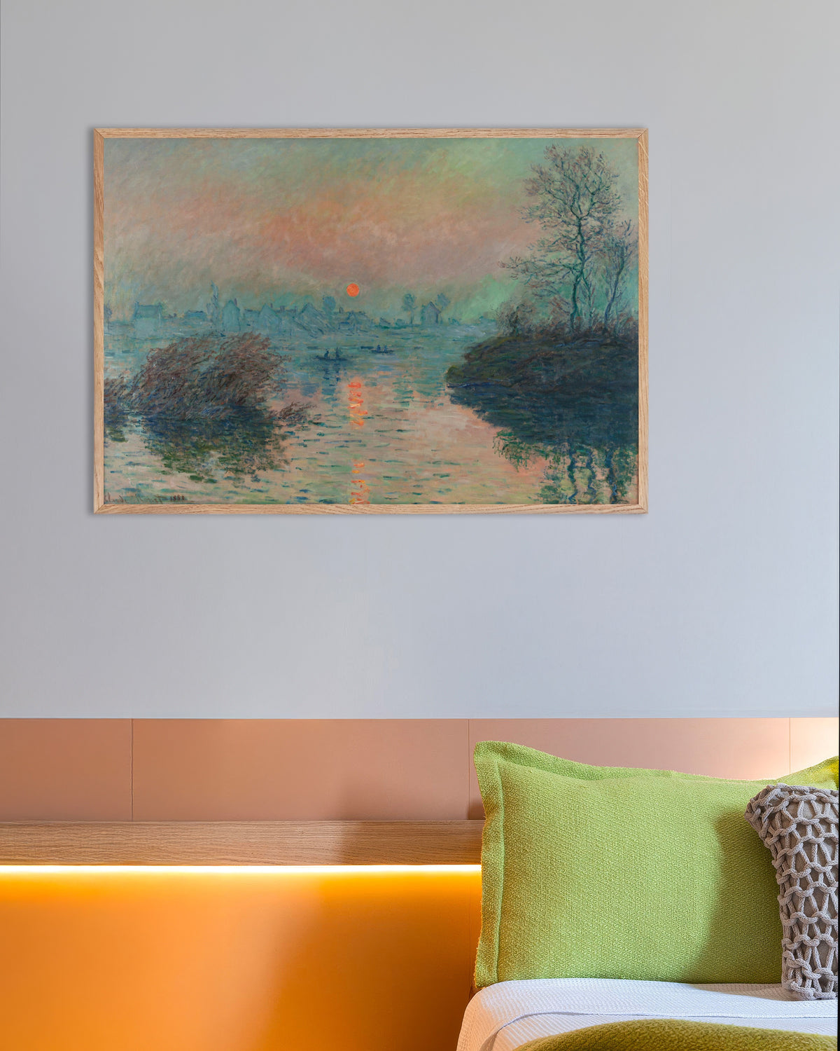 Poster Solnedgång över Seine vid Lavacourt, vinter (1880) av Claude Monet med ram i naturträ