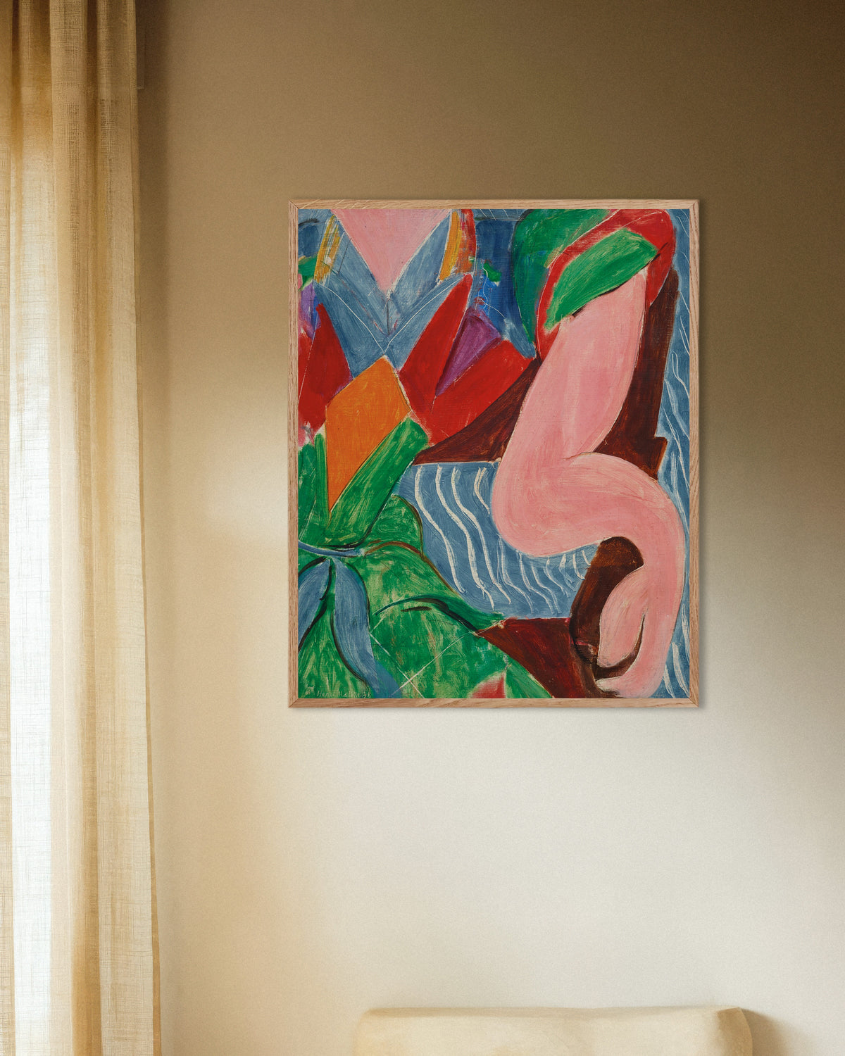 Poster av Armen (1938) av Henri Matisse, med ram av naturligt trä