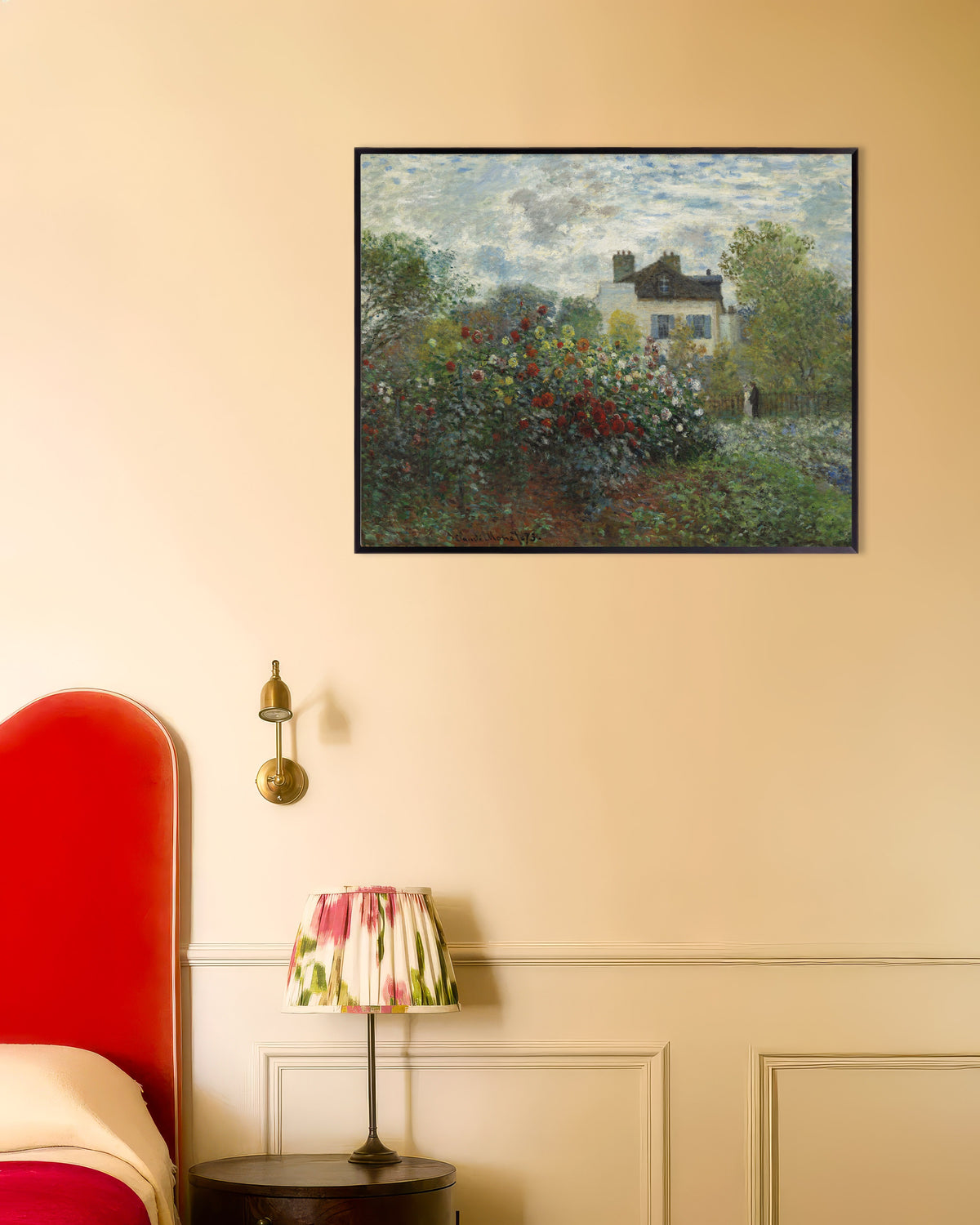 Poster Konstnärens trädgård i Argenteuil, ett hörn med dahlior (1873) av Claude Monet med metallram