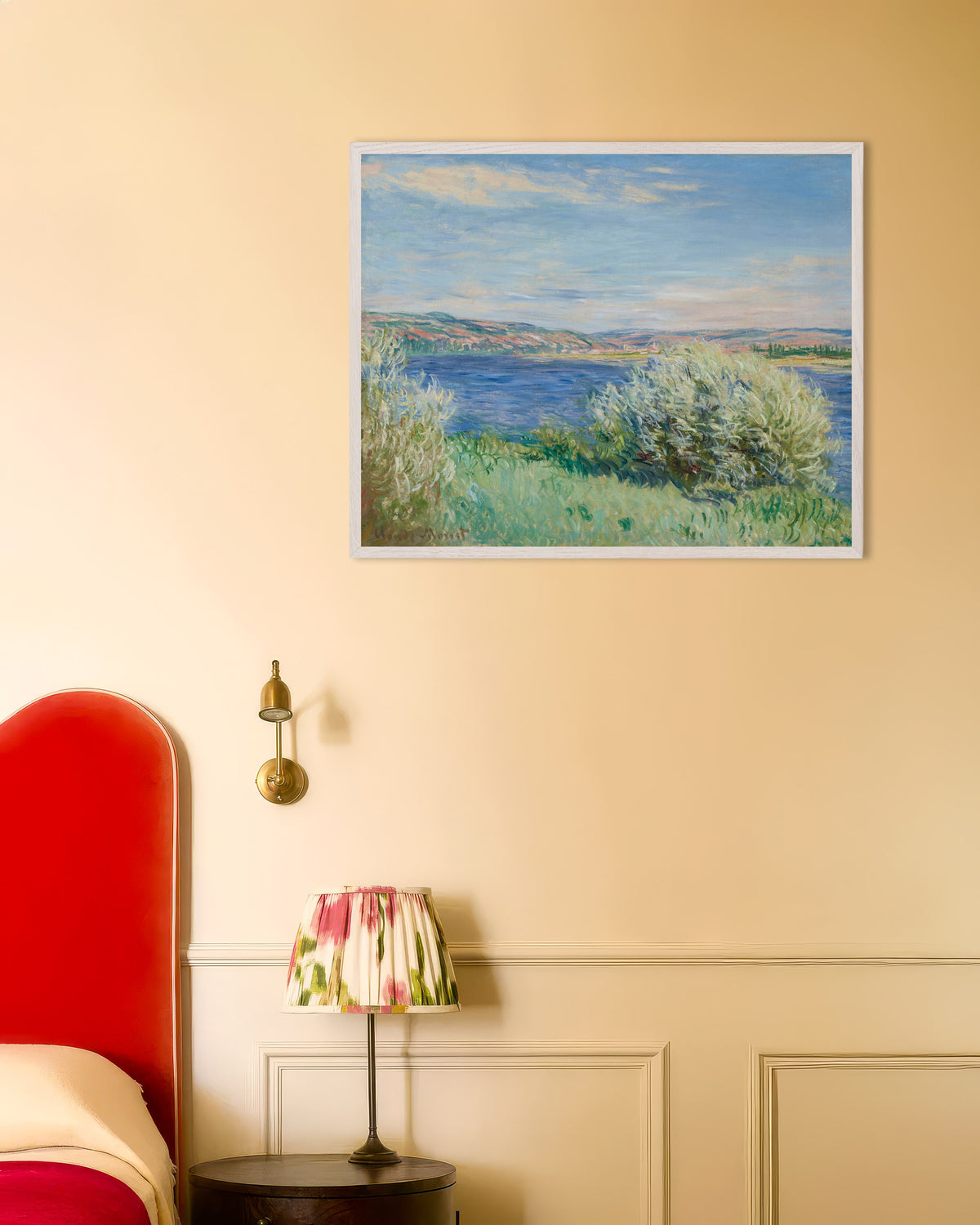 Poster Seines stränder nära Vétheuil (1881) av Claude Monet med vit träram