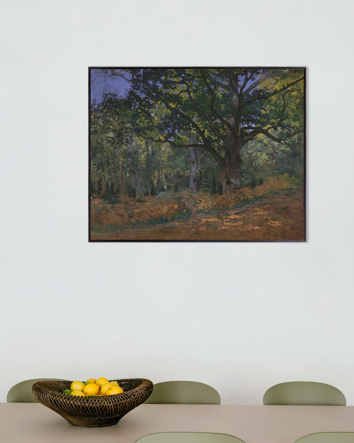 Poster Bodmers ek, Fontainebleauskogen (1865) av Claude Monet med metallram