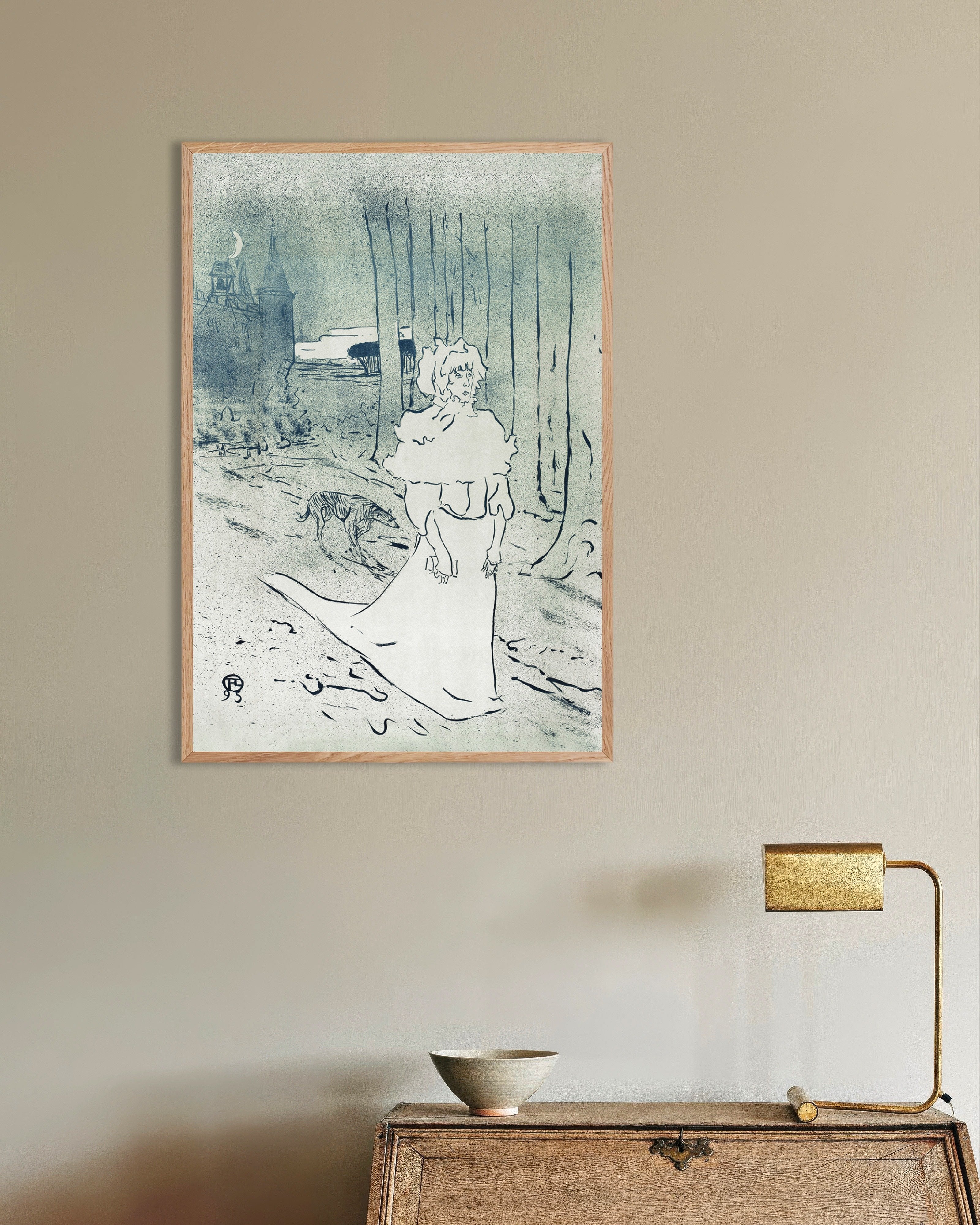 Poster of The Chatelaine or the Tocsin (1895) by Henri de Toulouse-Lautrec, with natural wooden frame